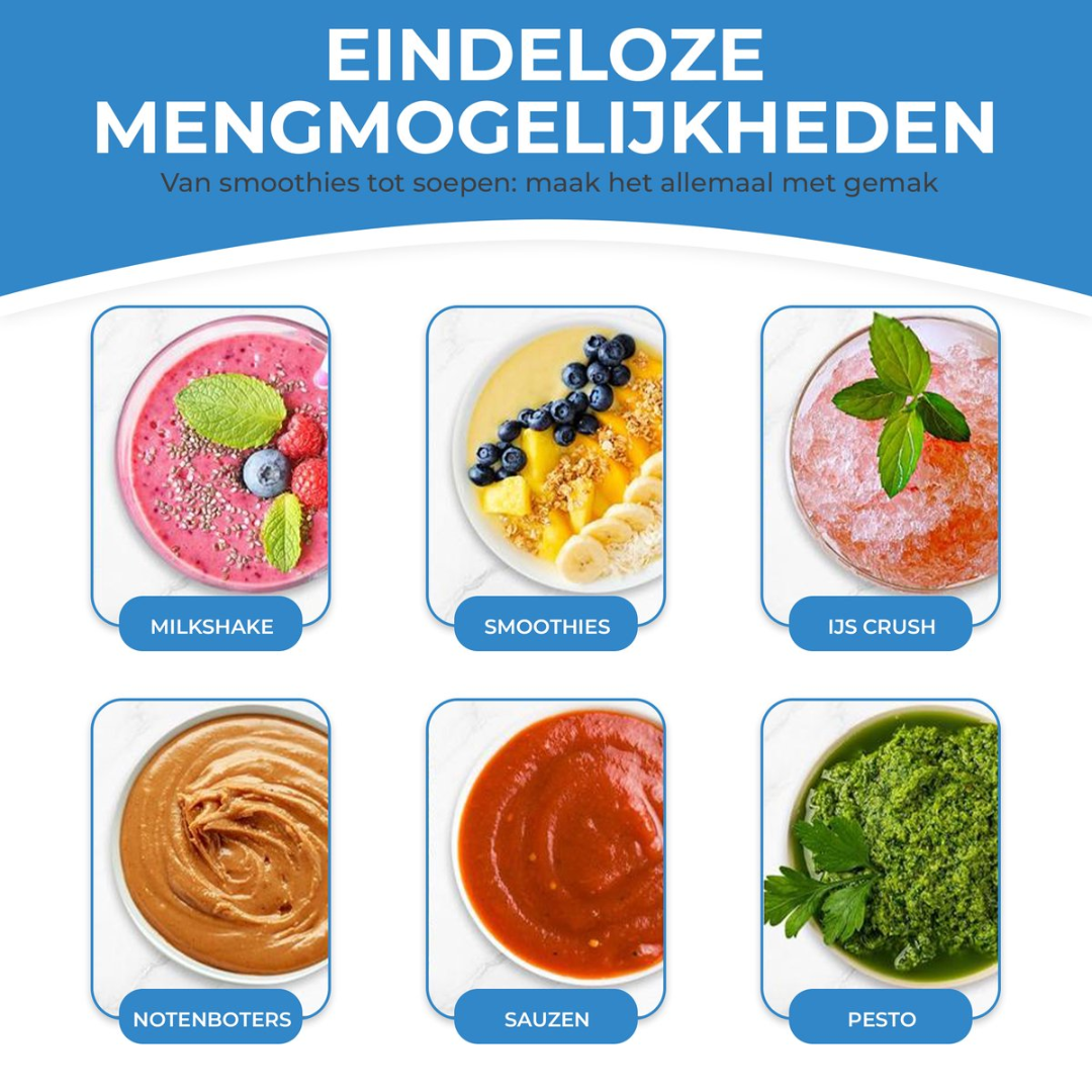 Zes bakjes met voedsel: milkshake, smoothies, ijskruim, notenboter, sauzen, pesto.