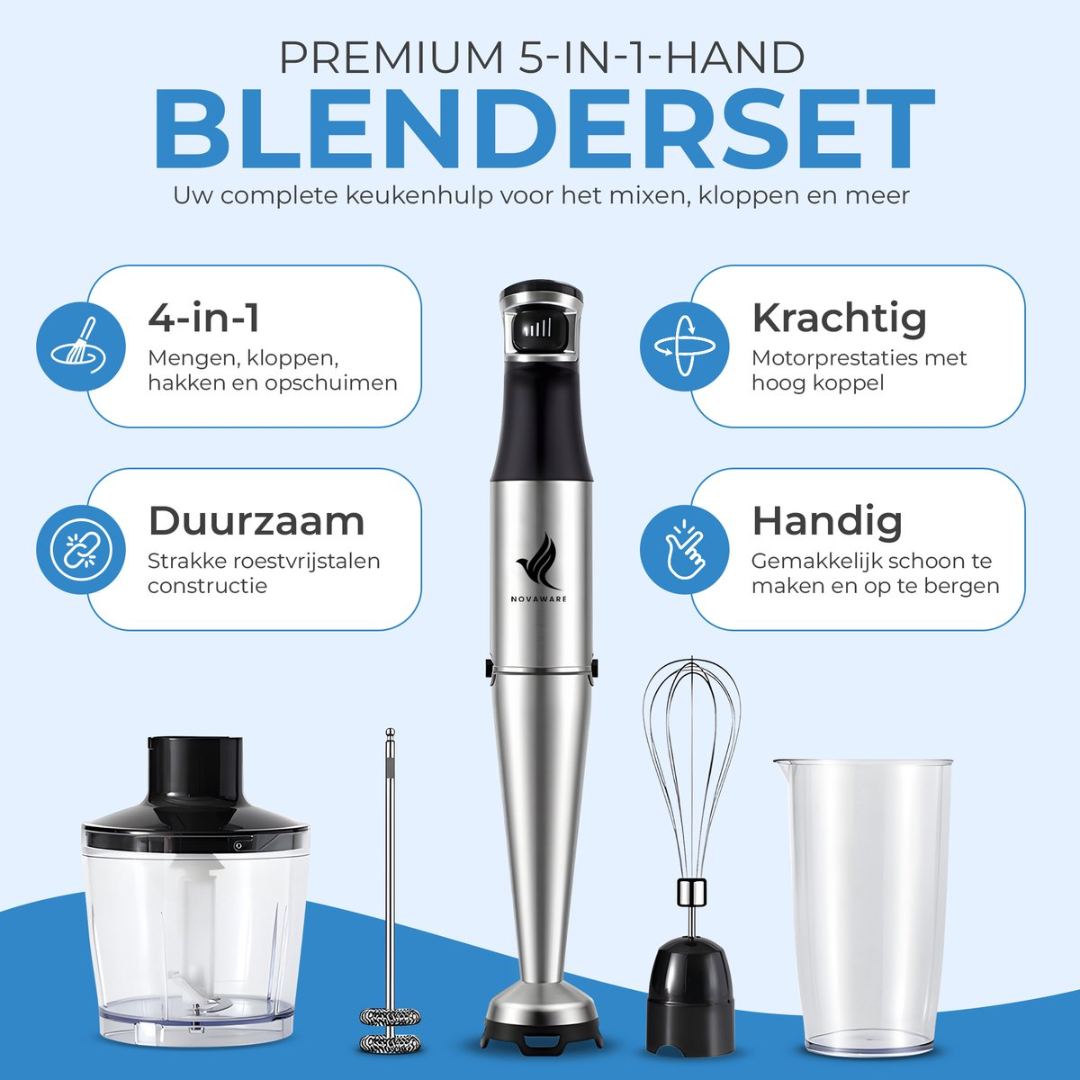A silver hand blender with accessories: cup, whisk, frother, and chopper attachment.