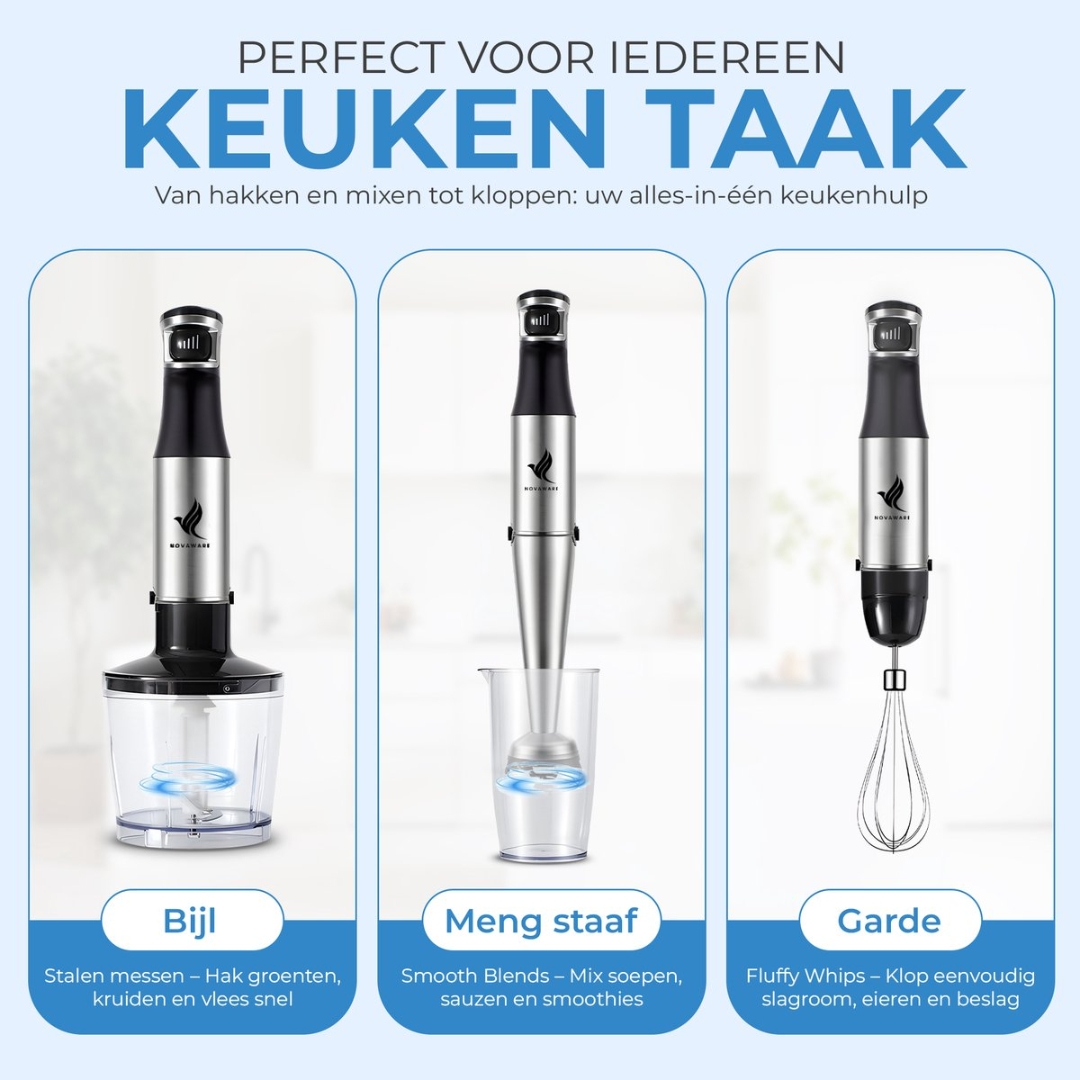 An immersion blender shown with three attachments: chopper, blending wand, and whisk.