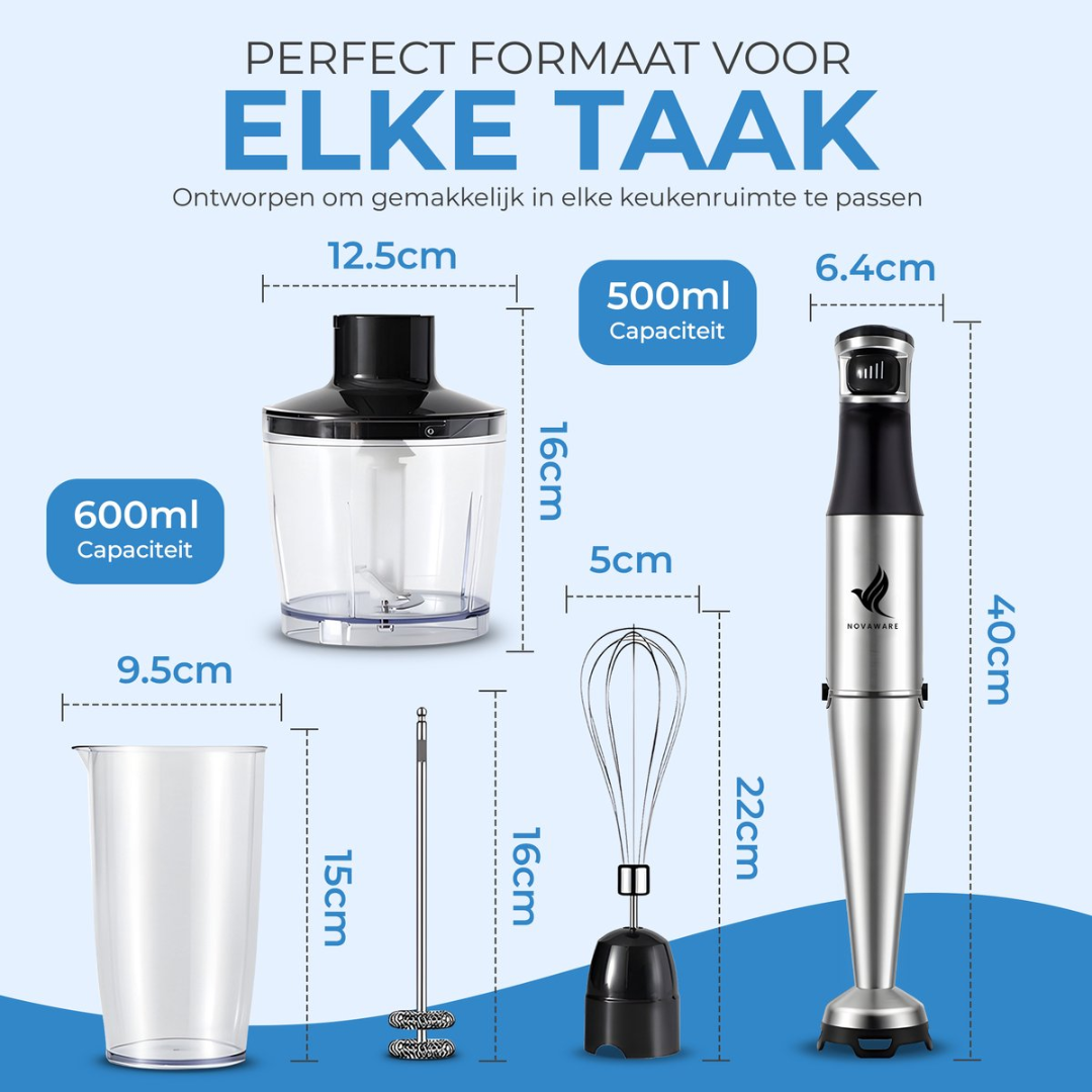 Hand blender with accessories: beaker, whisk, chopper, and wand, with dimensions shown.