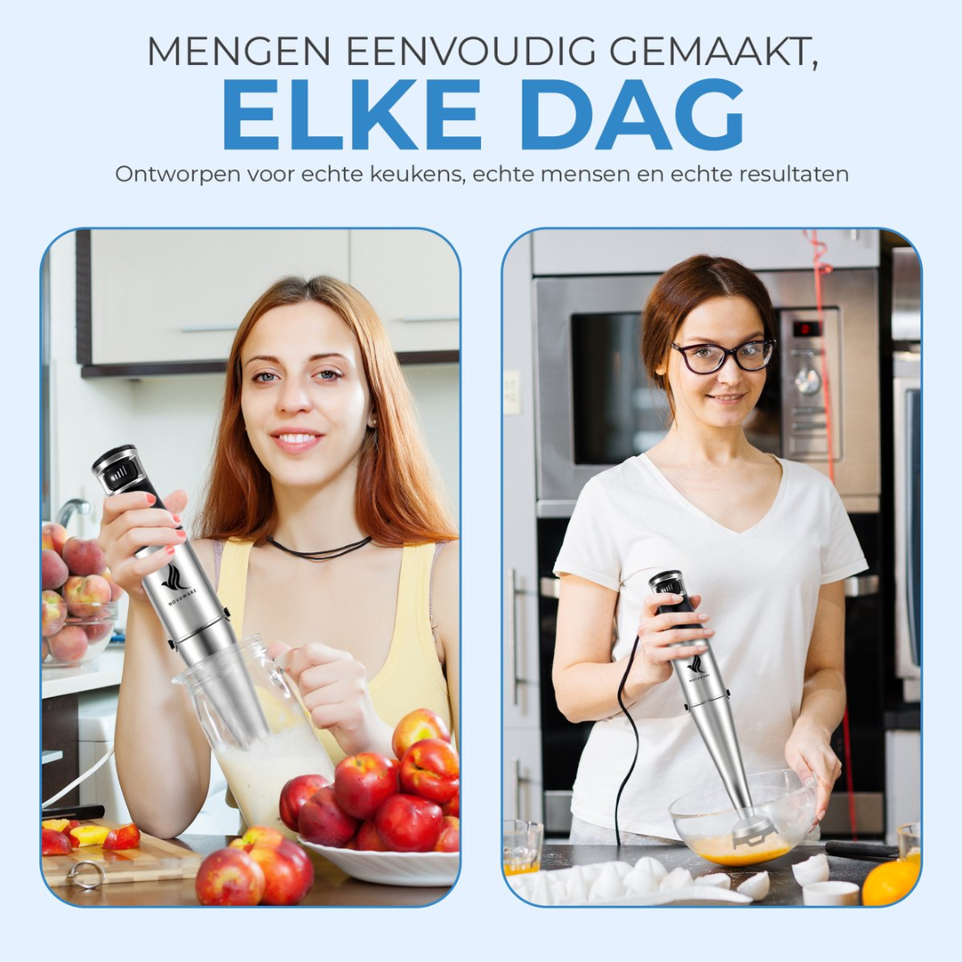 Two women use hand blenders in kitchens with fruit and eggs.