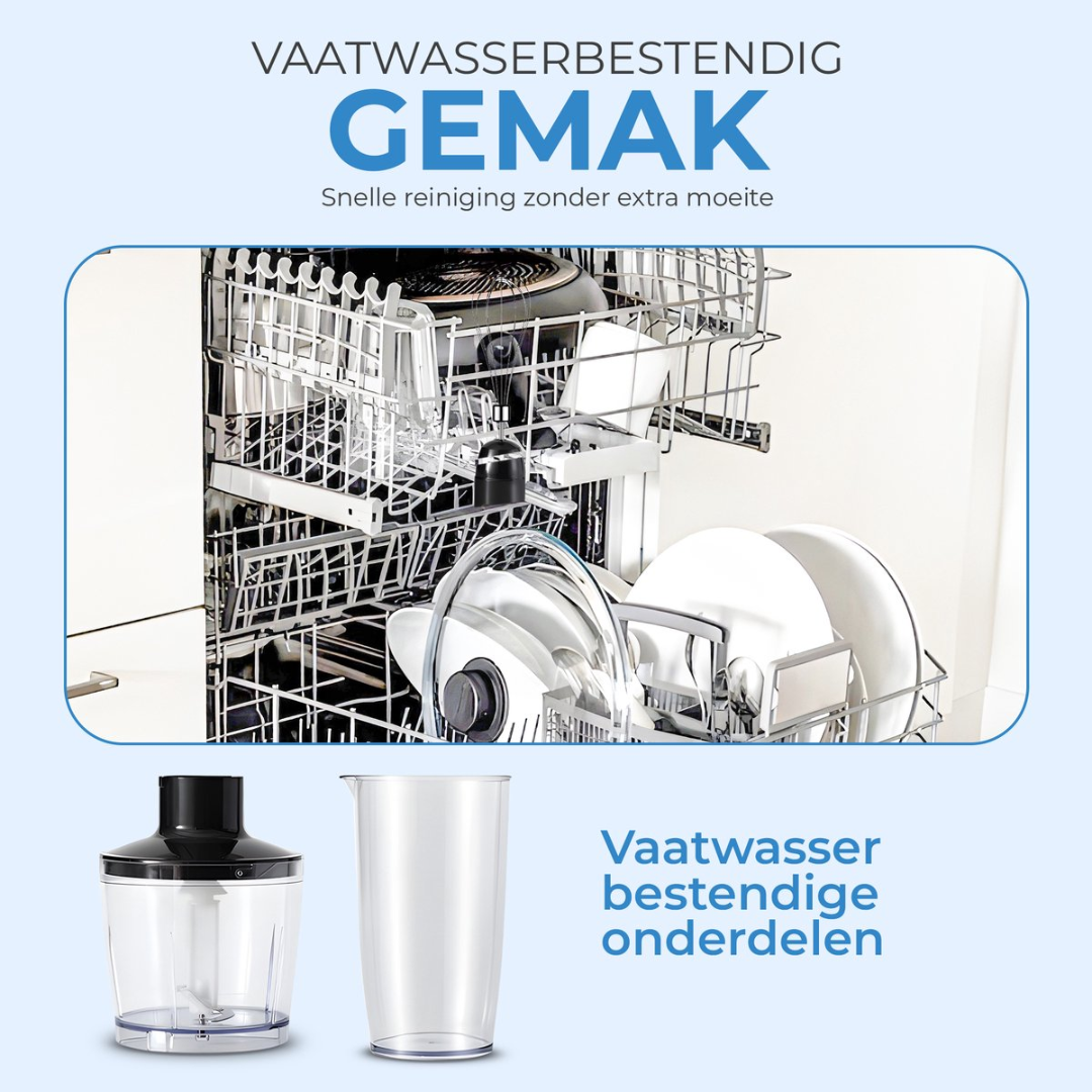 A hand blender and a measuring cup sit before an open dishwasher with dishes.
