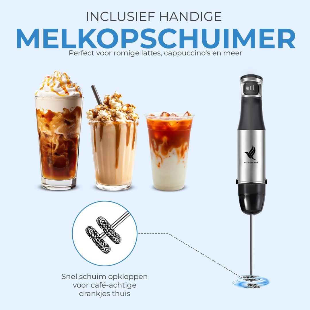 Milk frother with three drinks: latte, caramel frappé, and iced coffee. Detail view of the whisk.