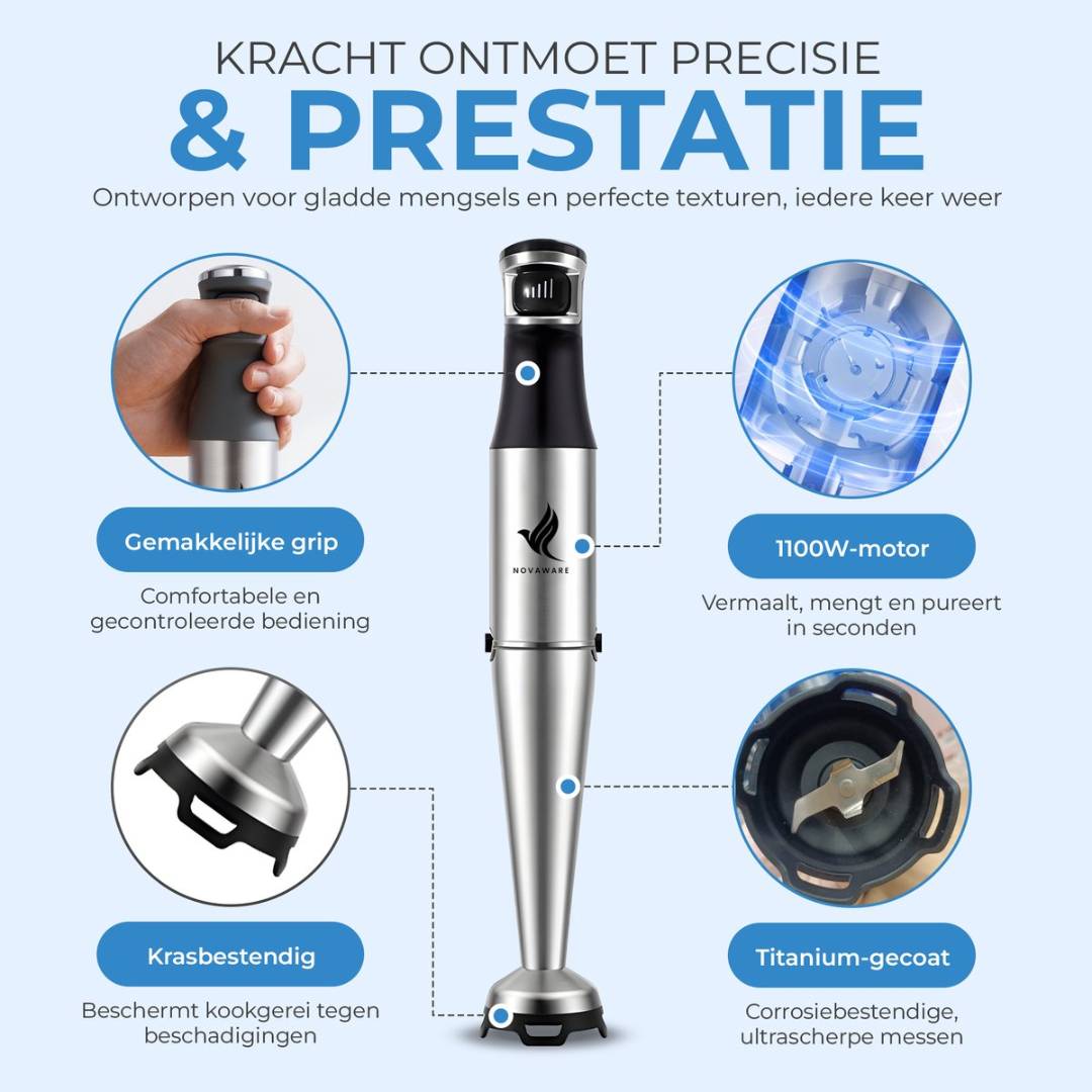 Stainless steel immersion blender shown with various attachments, motor, and grip.