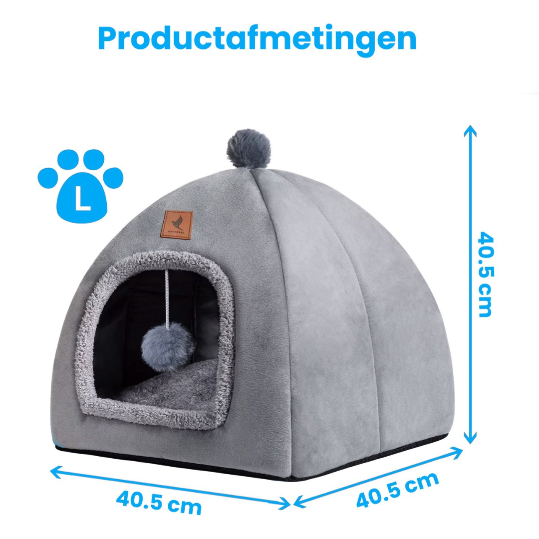 Gray cat house, size L, 40.5 cm. Features a toy and soft trim.