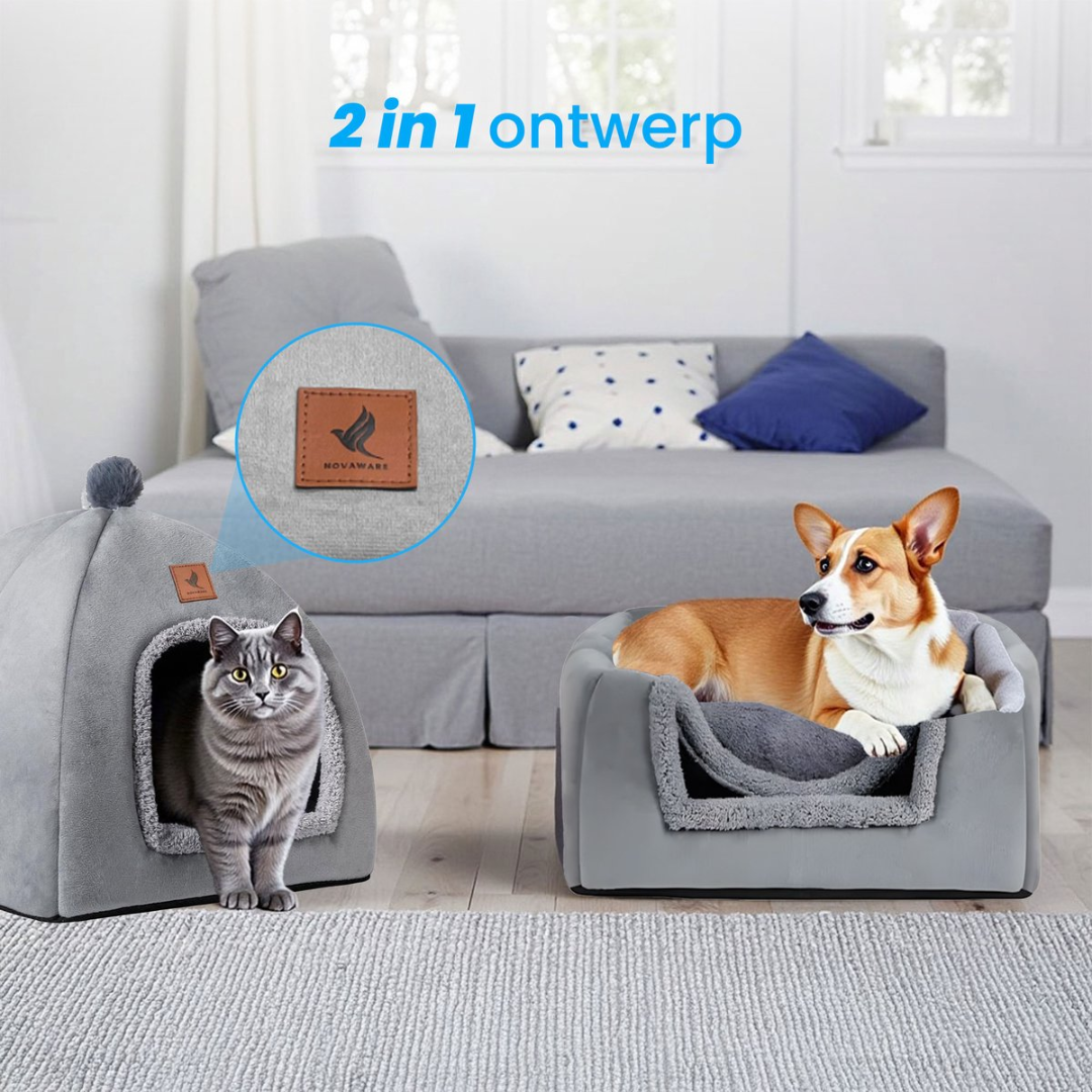 A dog and a cat in their beds, with text "2 in 1 ontwerp".