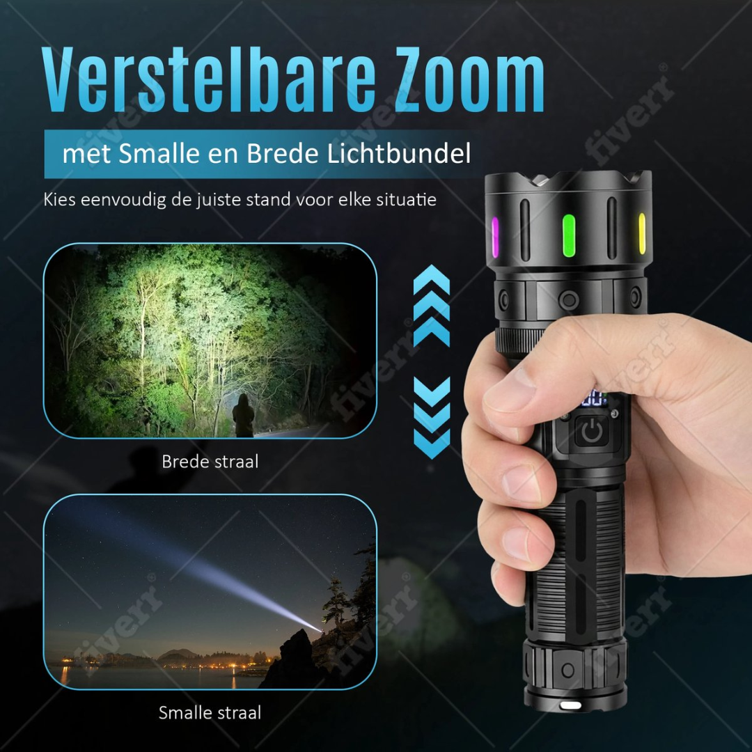 Flashlight with wide and narrow beam, showing both modes.