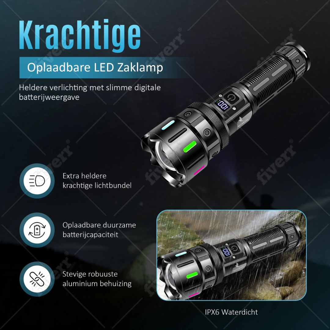 Powerful rechargeable LED flashlight with digital display, in the rain.