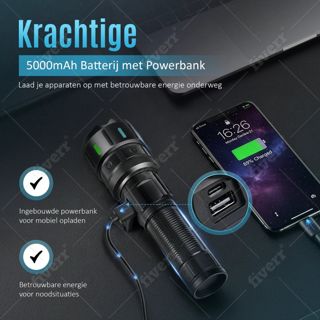 A black flashlight with 5000mAh charges a smartphone. Built-in powerbank.