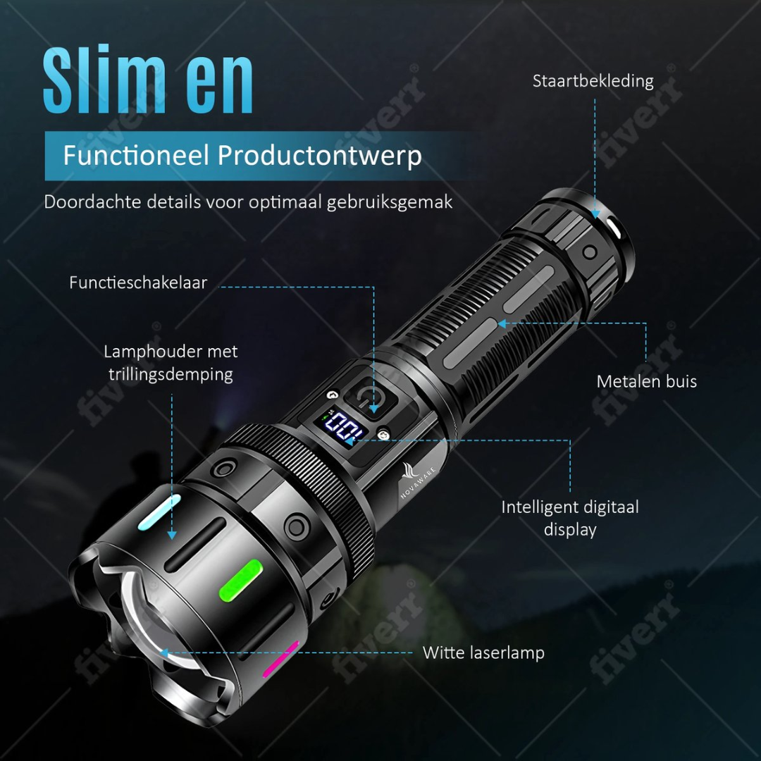 Black tactical flashlight with digital display, showing switch and laser details.