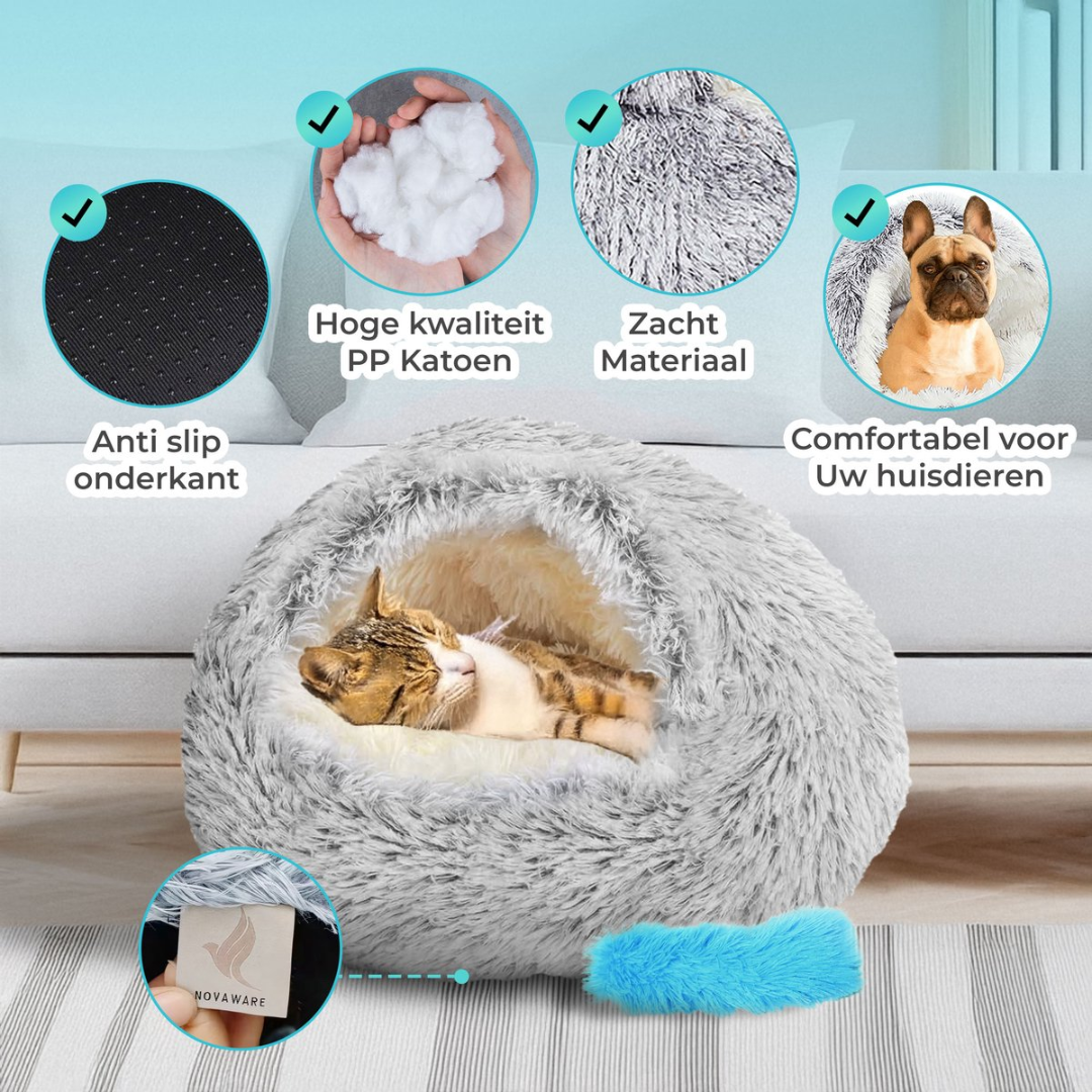A fluffy gray cat bed with a sleeping cat and a French bulldog image.