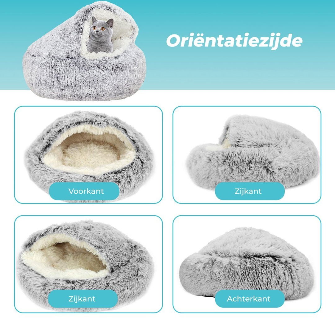A fluffy gray cat bed is shown from the front, side, and back.