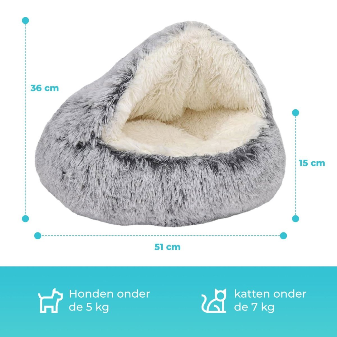 A plush, round pet bed in gray and cream, with dimensions indicated.