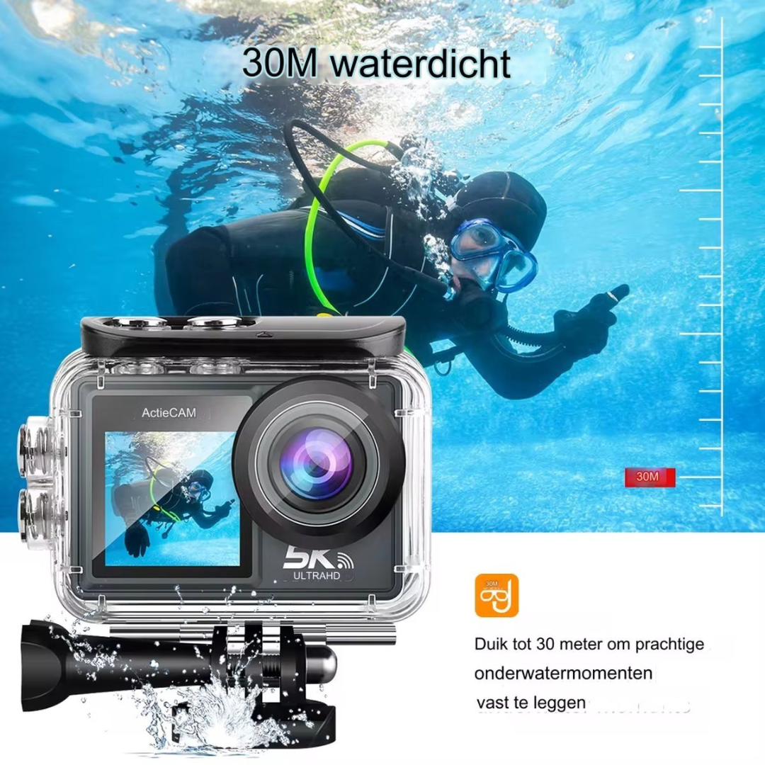 A scuba diver in full gear swims in blue water, with an action camera in the foreground.