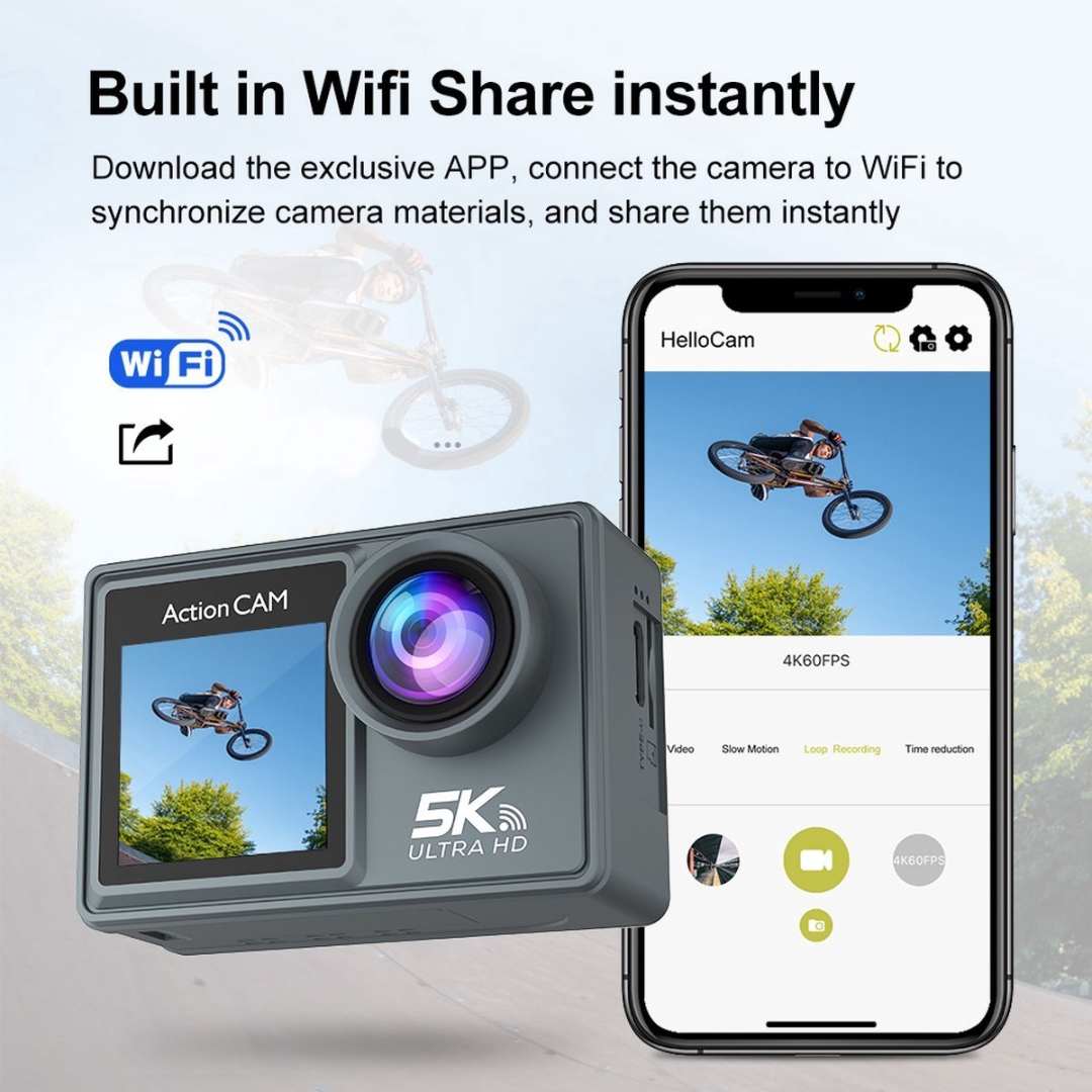 Gray action camera with smartphone showing a BMX rider. WiFi symbol.