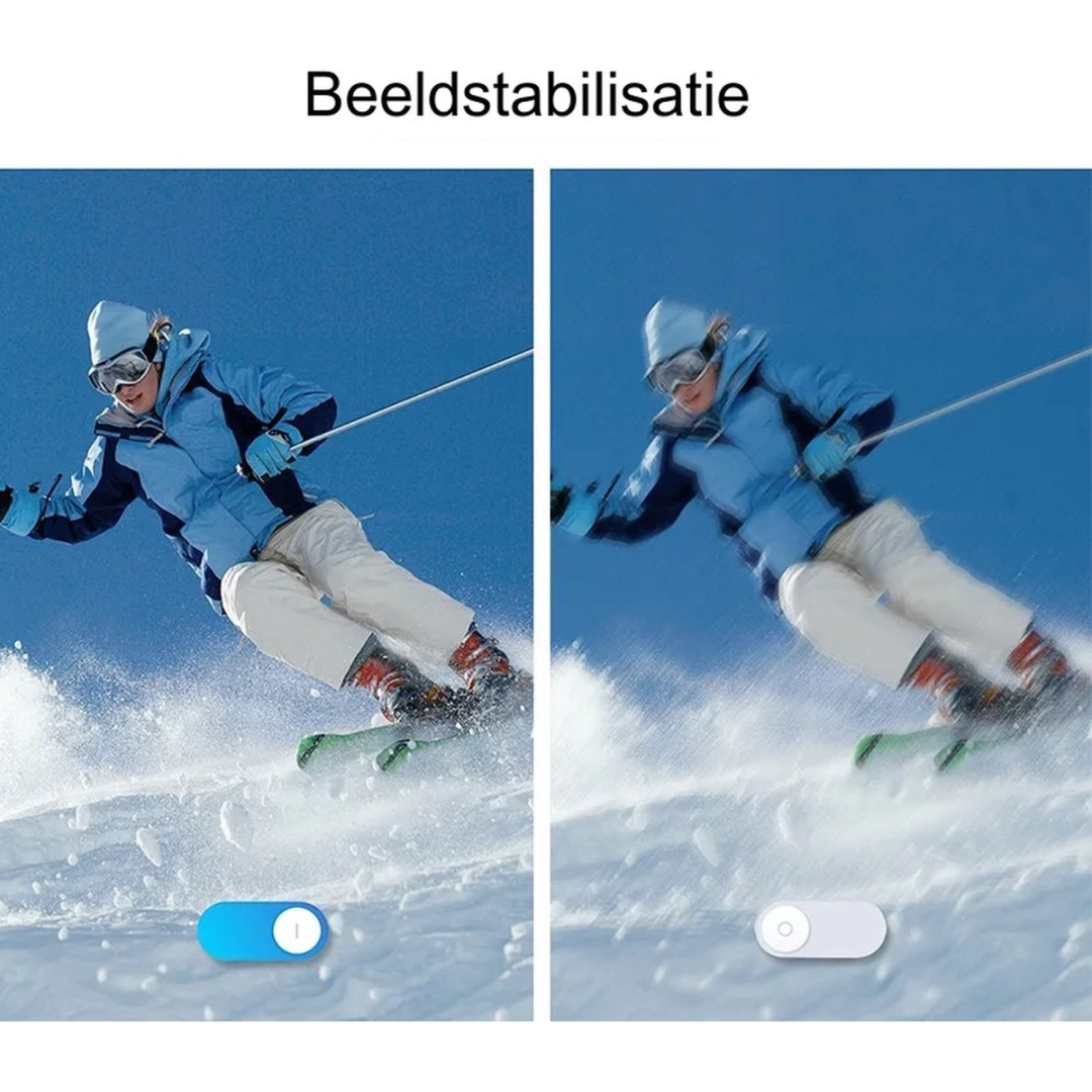Two images of skiers, one with image stabilization enabled, one without.