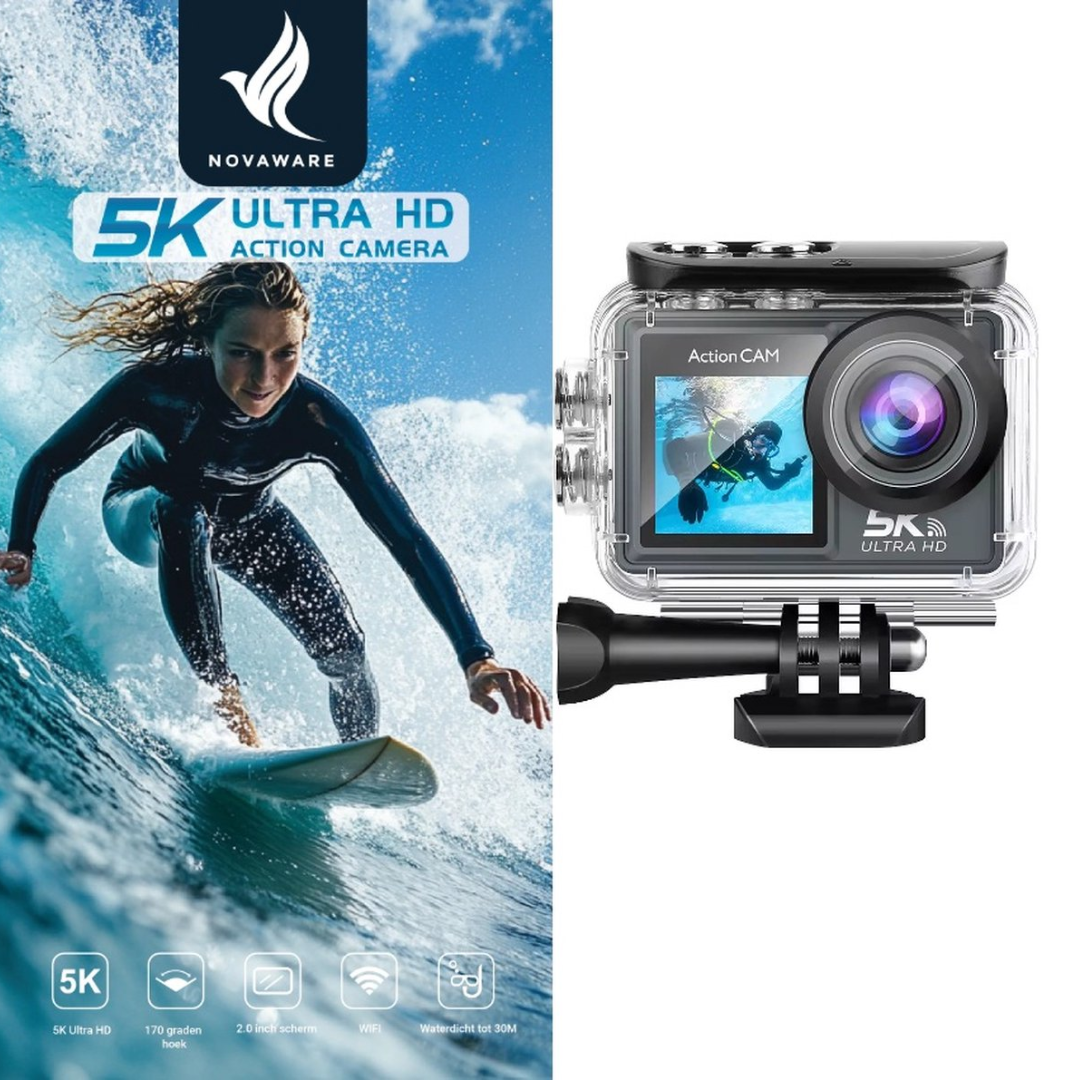Action camera with surfer and diver motif, 5K Ultra HD