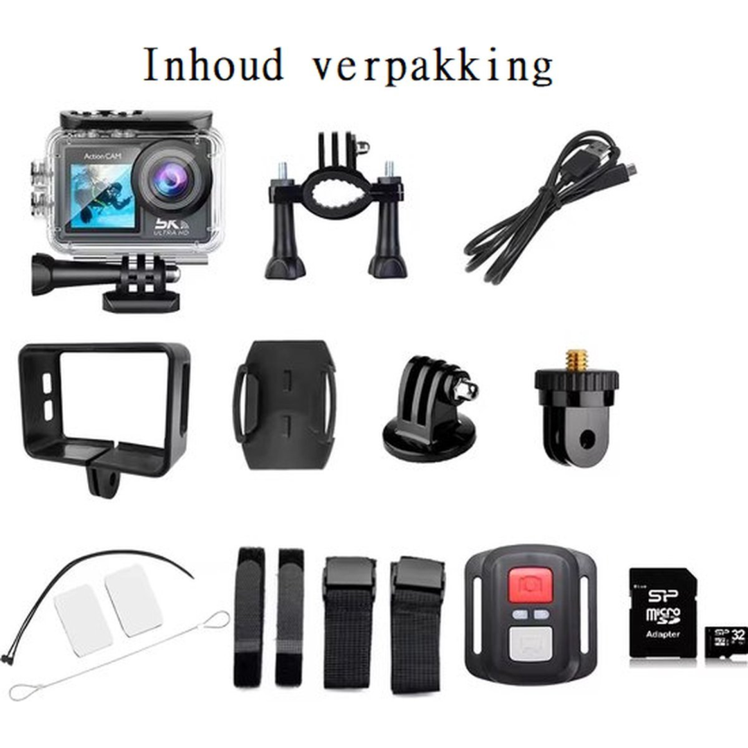 Action camera and accessories: housing, mounts, cables, straps, remote, and SD card.