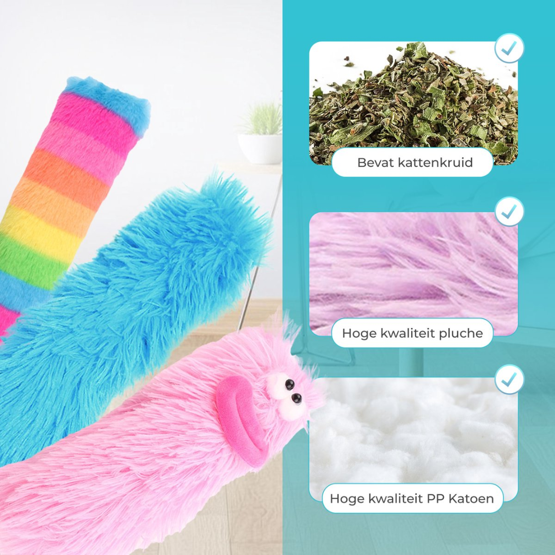 Plush toys: cat, rainbow, and blue, with catnip and PP cotton filling.