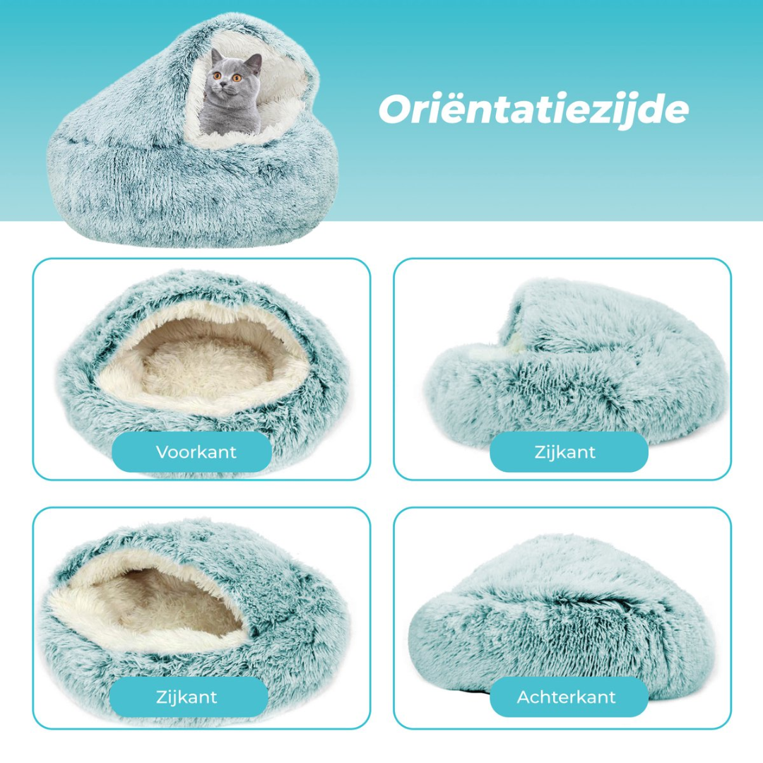 A fluffy, mint green cat bed shown from multiple angles, one with a cat inside.