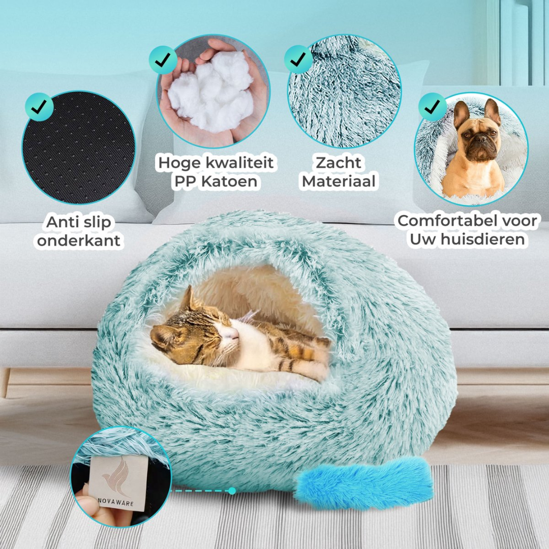A cat sleeps in a plush blue pet bed with details of material and a French bulldog.