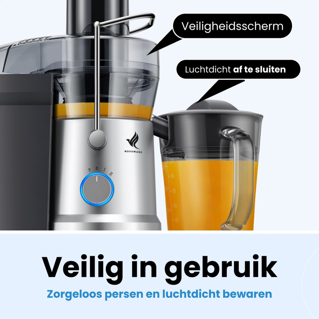 A silver juicer with a glass of orange juice and Dutch text overlays.