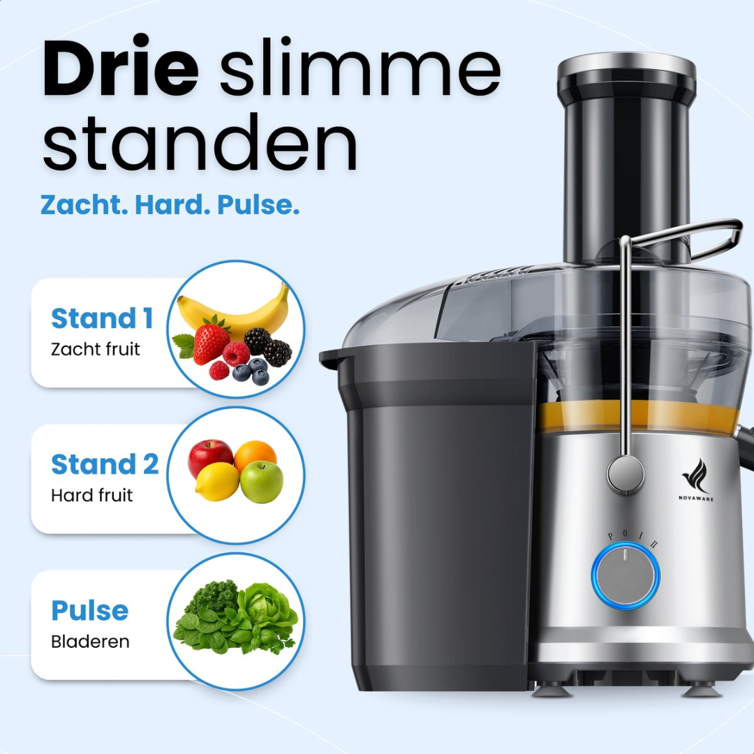 Juicer with 3 settings: soft fruit, hard fruit, and pulse. Shows fruits and greens.