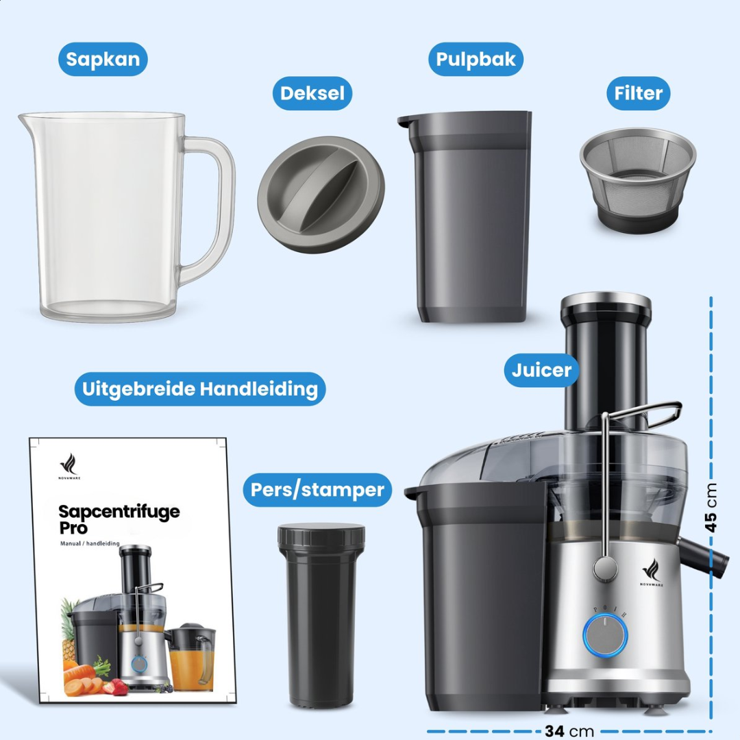 A centrifugal juicer and its parts: jug, lid, pulp container, filter, manual, plunger.