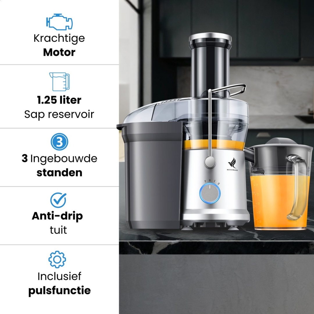 A silver juicer with black containers sits on a dark countertop. Juice in jug.