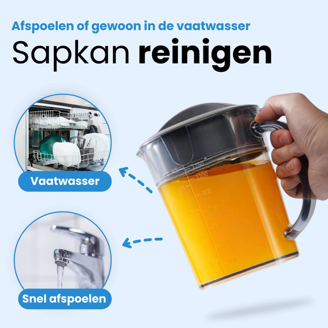 A pitcher of orange juice is shown, with options for rinsing or dishwasher cleaning.
