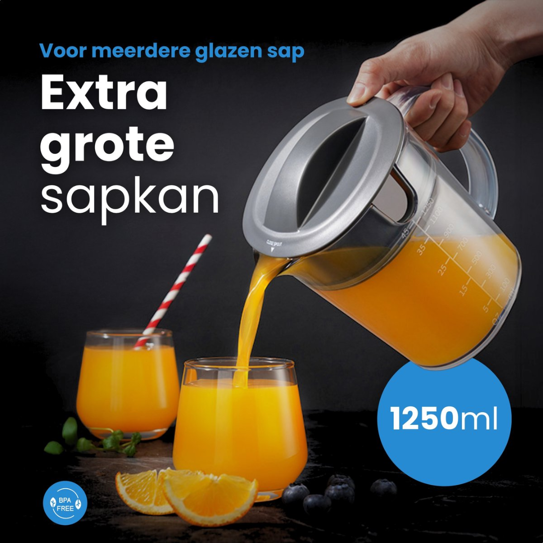 A pitcher pours orange juice into glasses. 1250ml capacity.