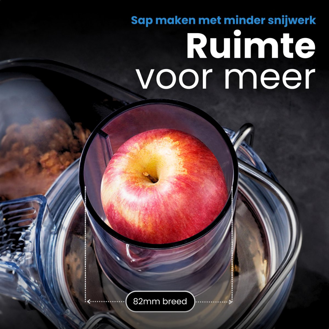 A red apple inside a juicer, labeled 82mm wide.
