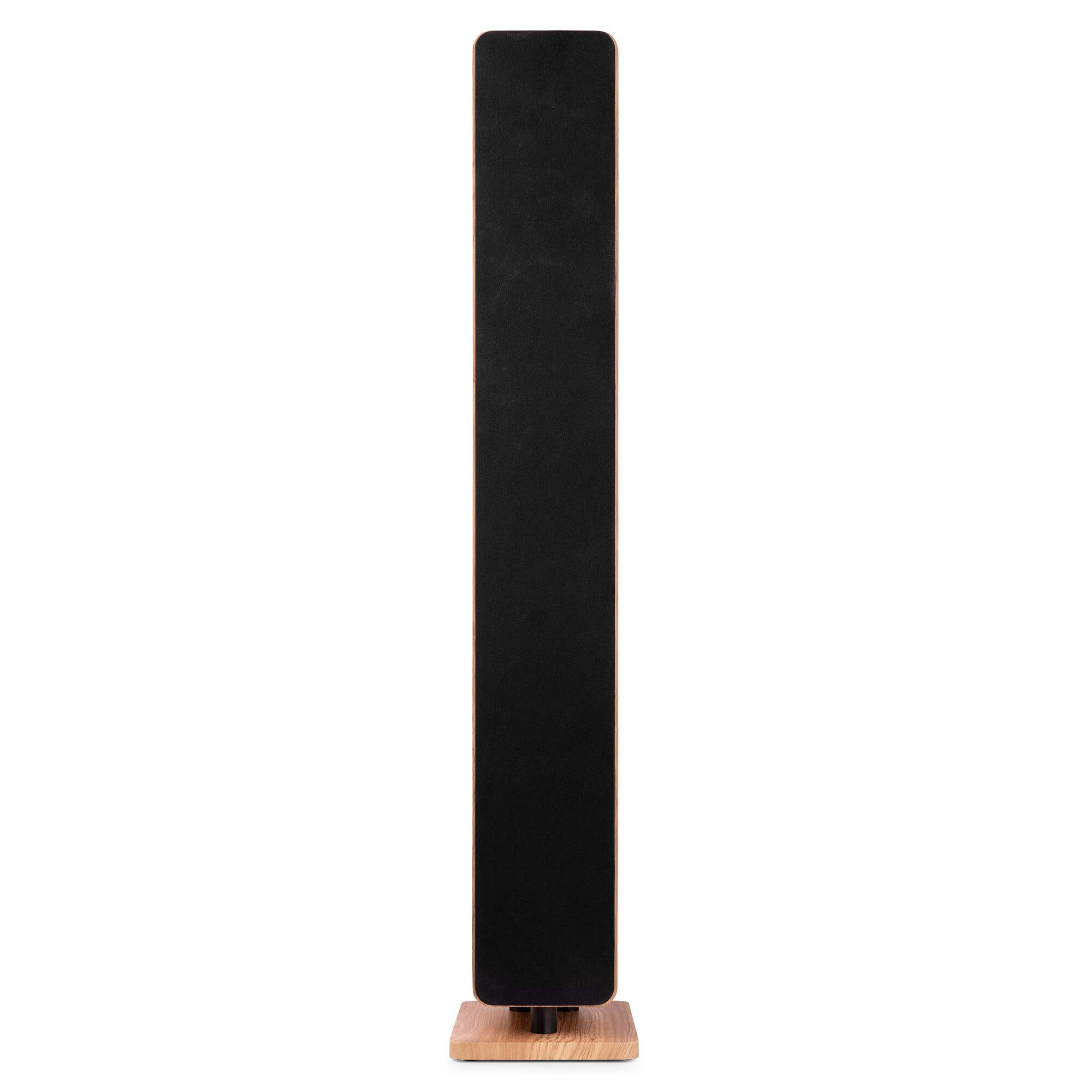 Un altavoz negro delgado con base de madera sobre fondo blanco.