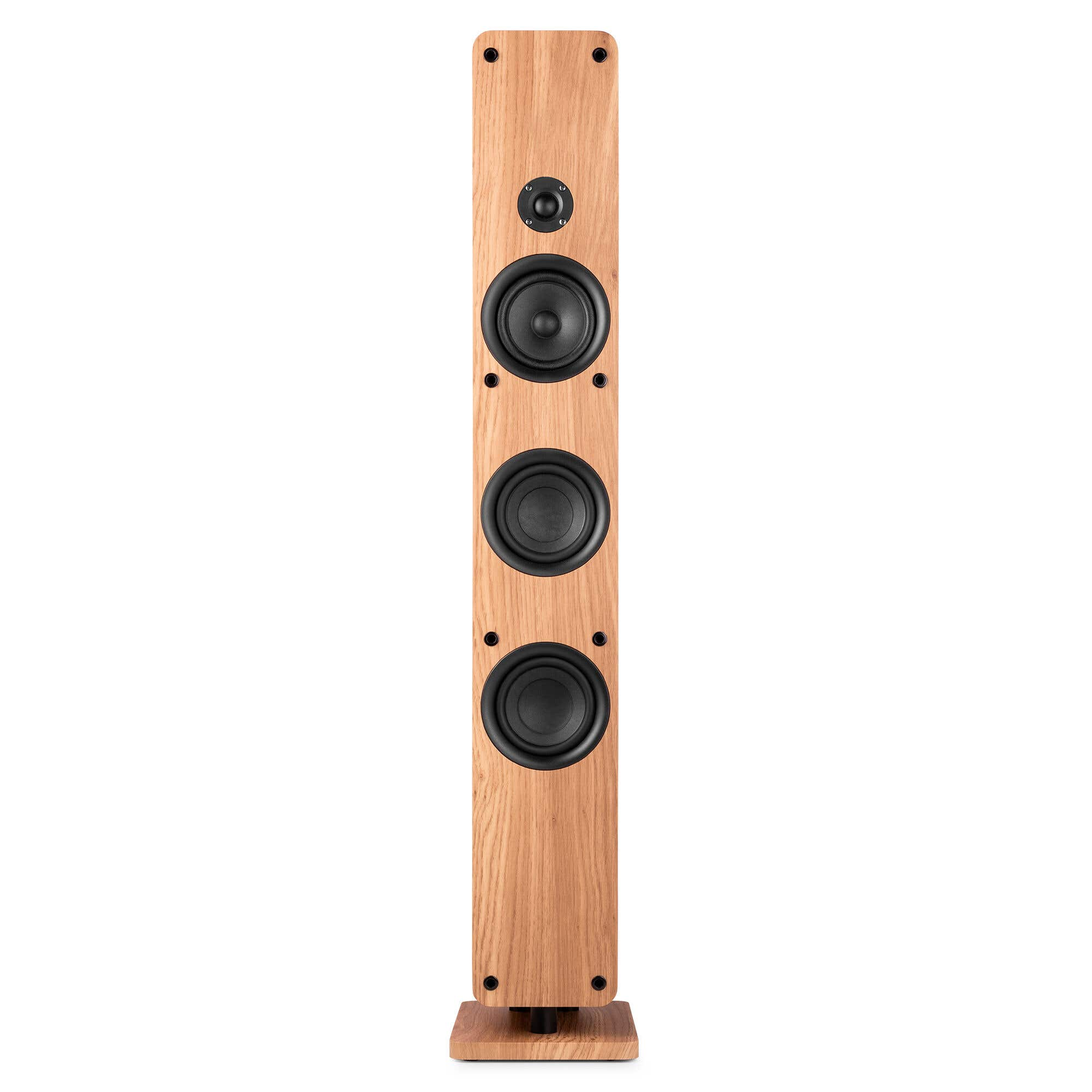 Altavoz de madera alto y delgado con tres altavoces negros, mostrado verticalmente.
