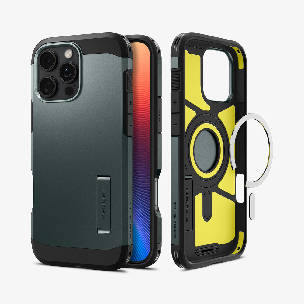 Custodia per telefono verde scuro con finiture nere, che mostra l'interno con accenti gialli e un anello di supporto.