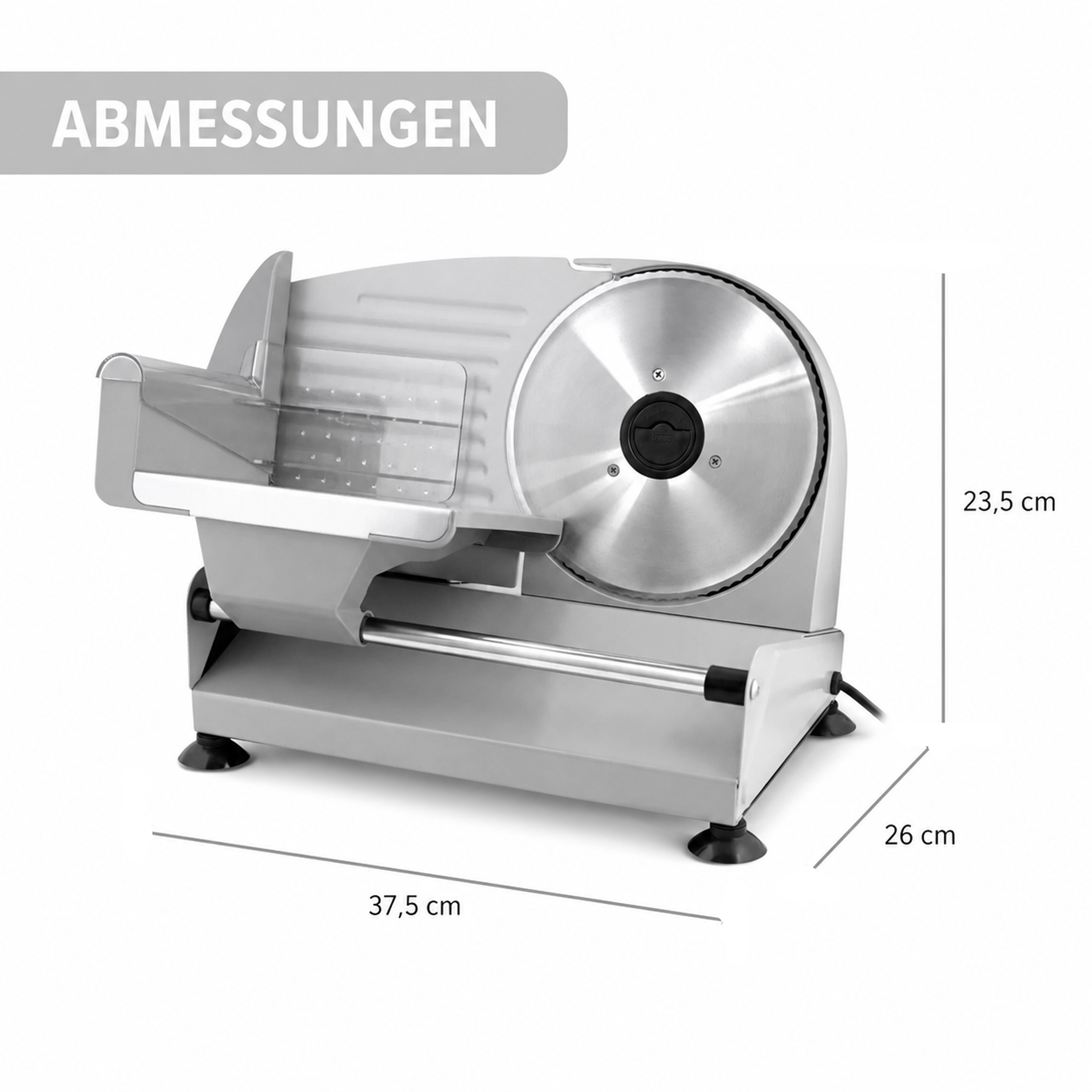 Grauer elektrischer Allesschneider mit Maßen: 37,5 cm L, 26 cm B, 23,5 cm H.