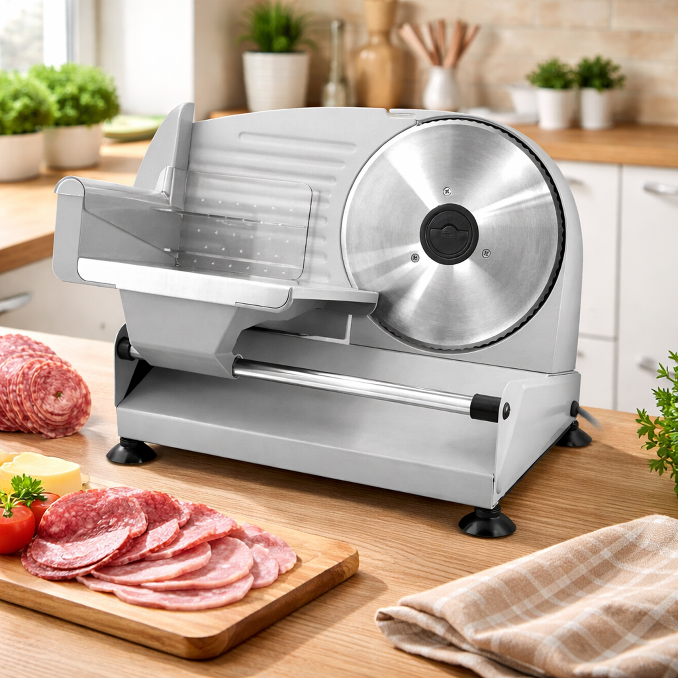 Grauer Aufschnittmaschine mit Sambal, Käse und Tomaten auf einem Holztisch.
