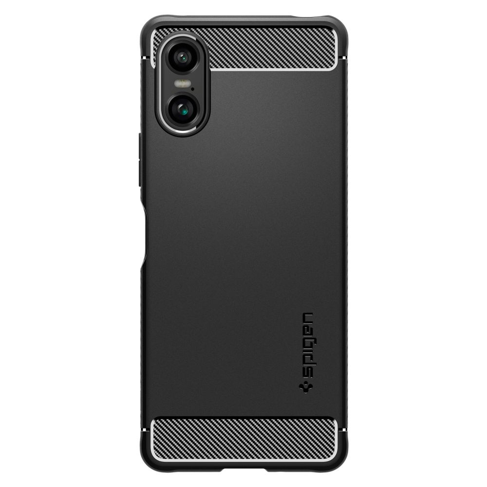 Funda de teléfono negra con textura de fibra de carbono arriba y abajo. Recorte doble cámara.