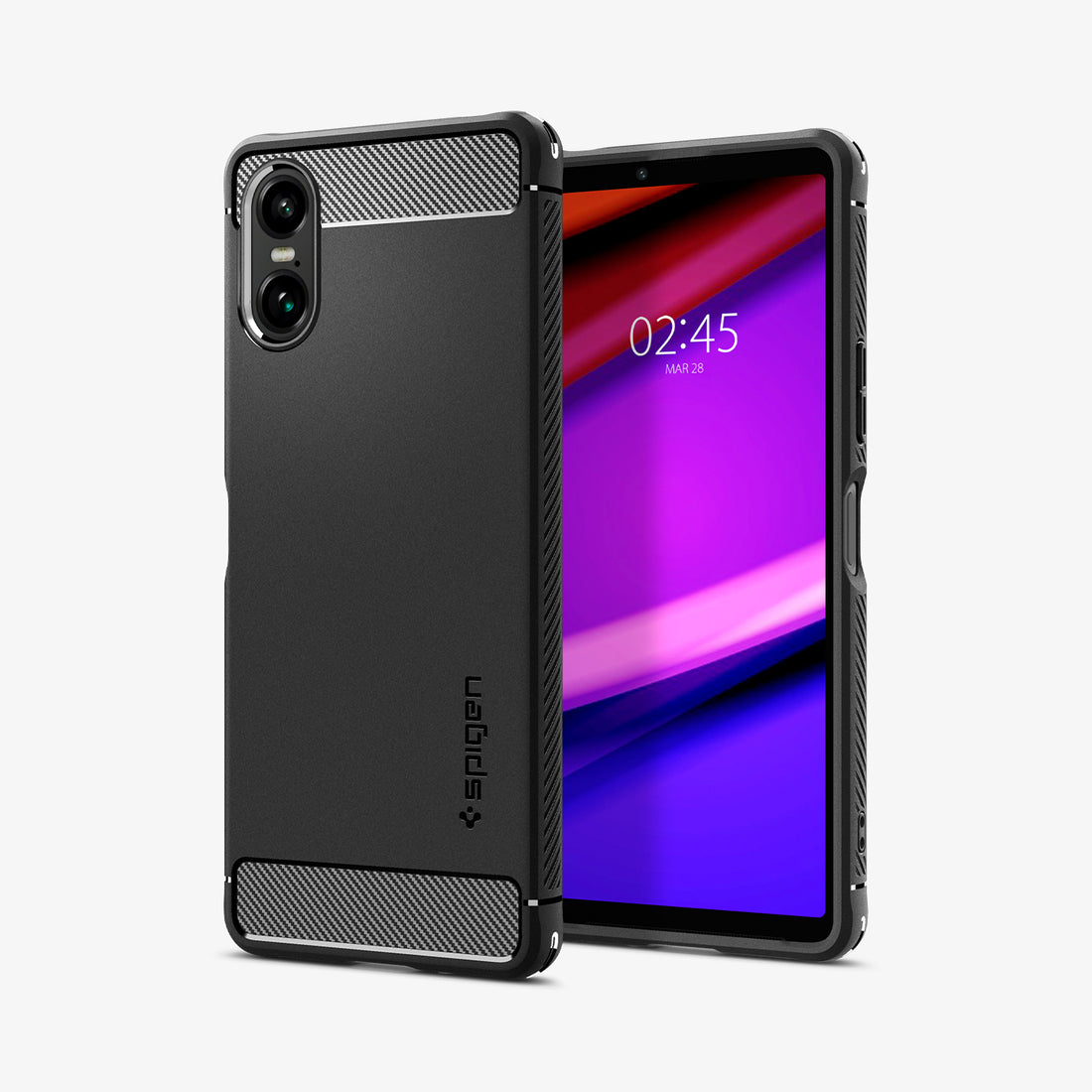 Funda negra para teléfono con detalles de carbono y un smartphone con pantalla morada.