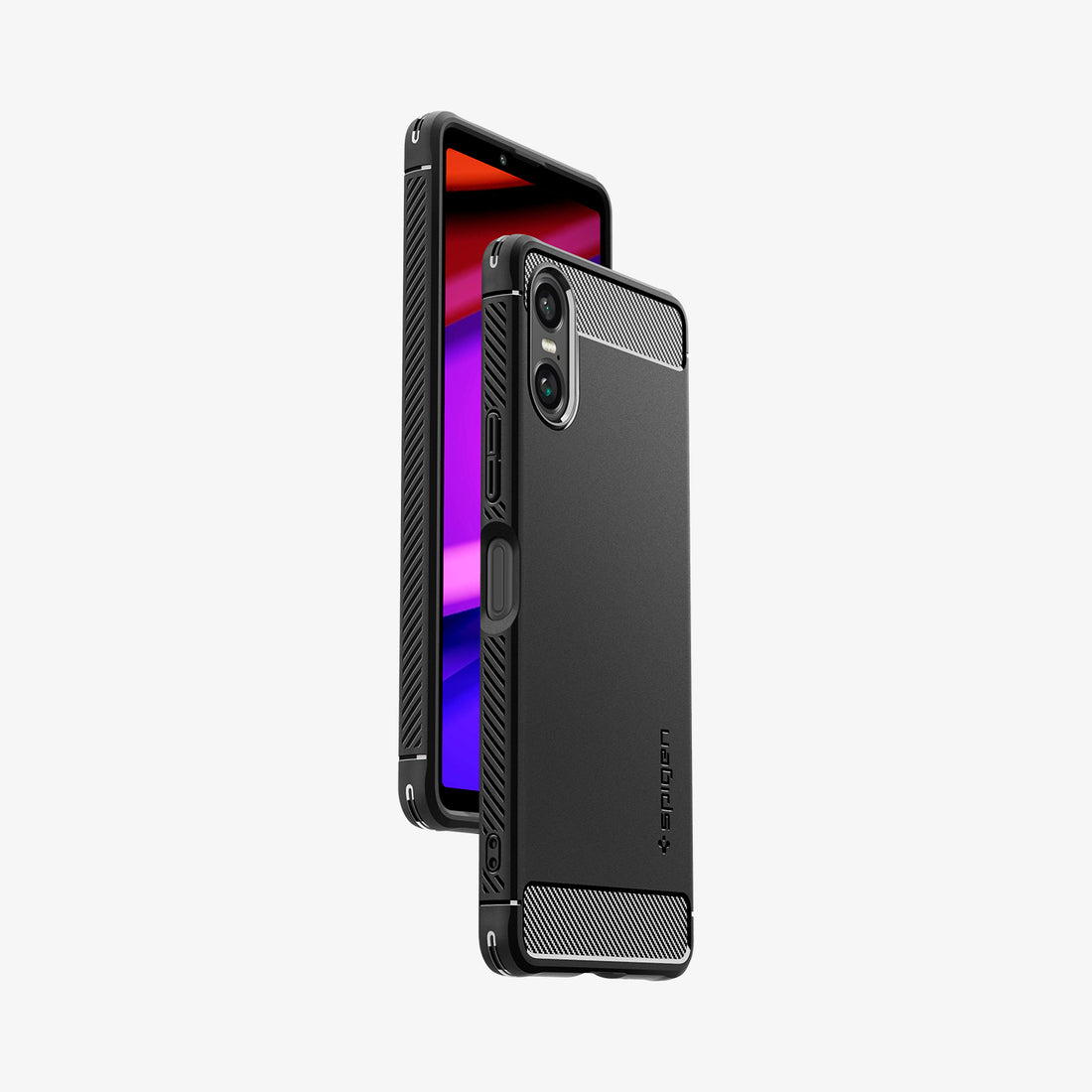 Funda negra para teléfono con aspecto de fibra de carbono en un smartphone con pantalla púrpura.