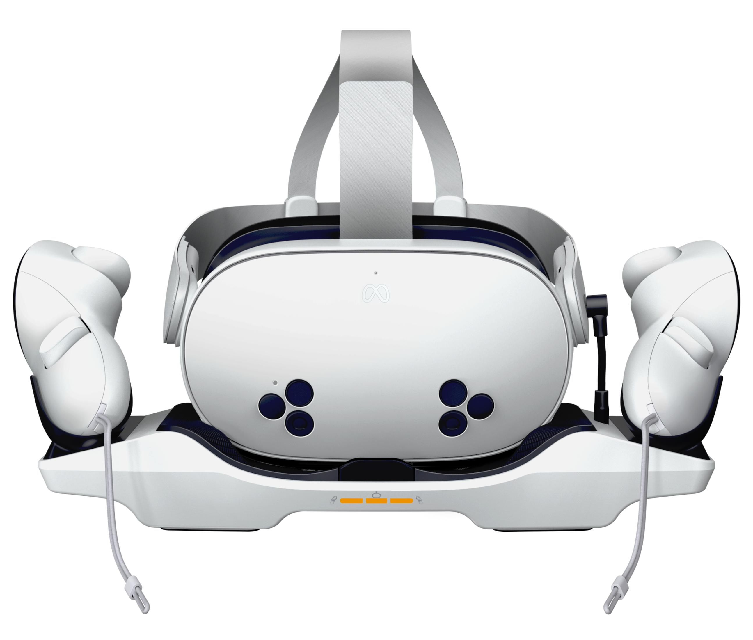 Ein weißes VR-Headset mit Controllern auf einer Ladestation.