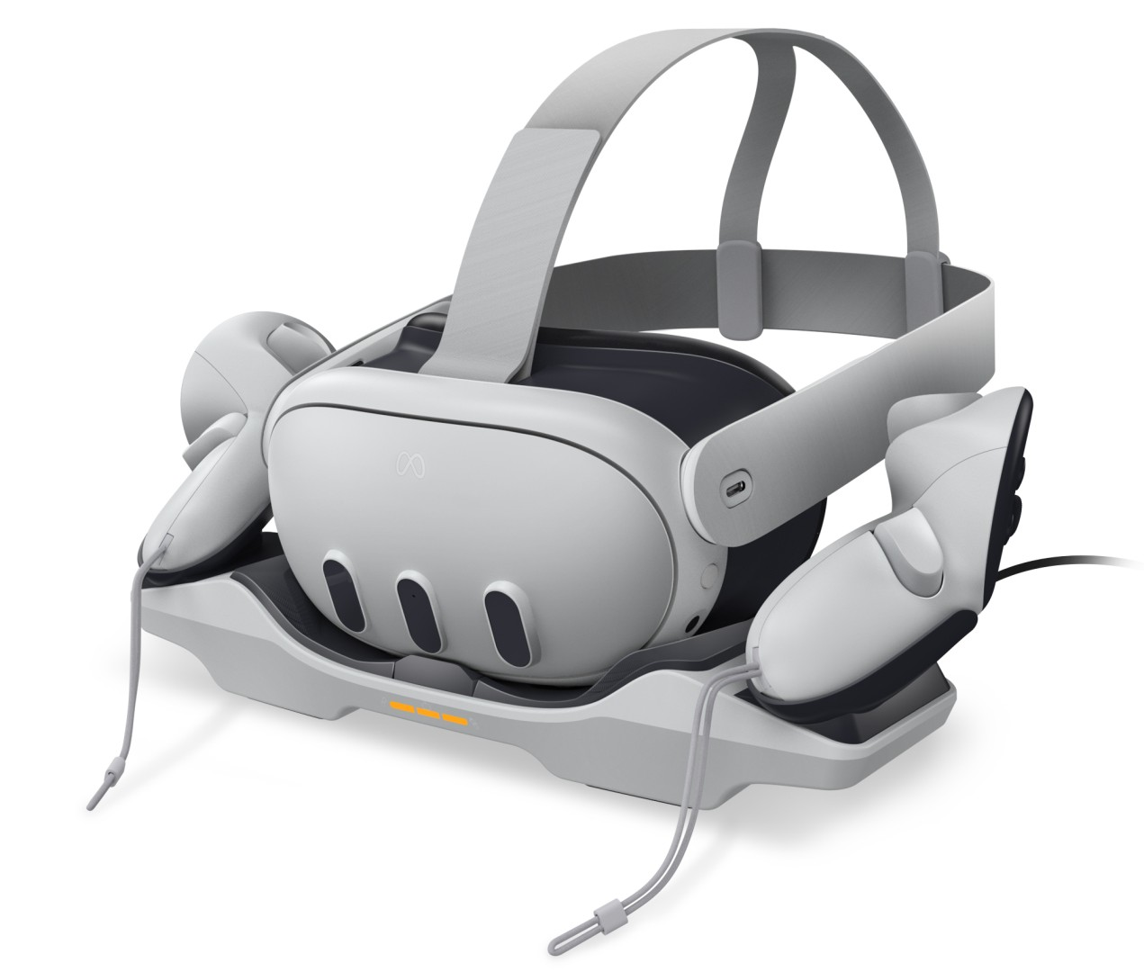 Ein weißes VR-Headset mit Controllern auf einer Ladestation.