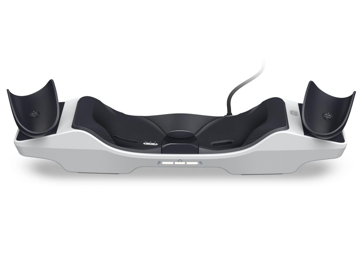 Ein weißes VR-Headset mit schwarzen Polstern und einem Kabel.