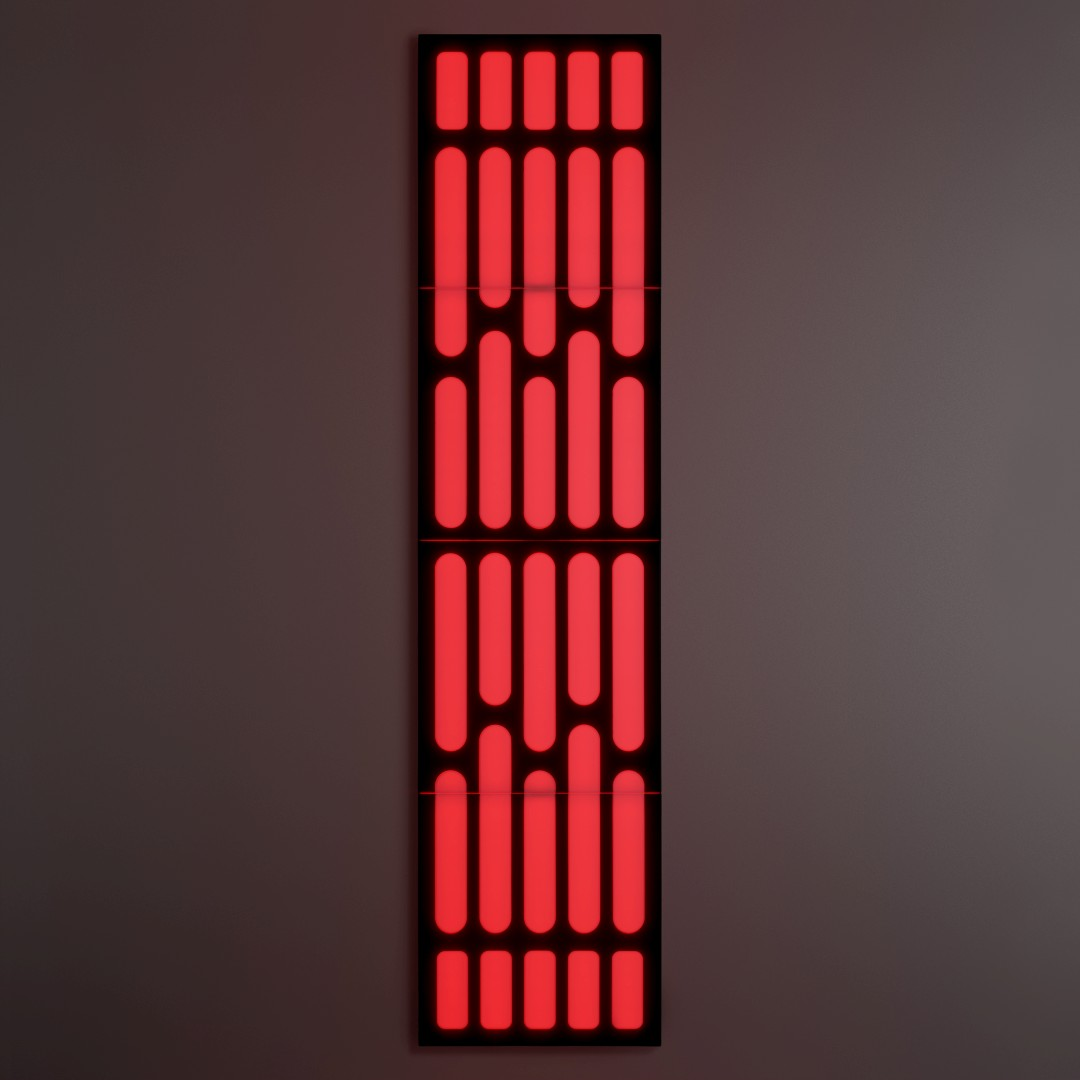 Pionowy panel z czerwonymi światłami na ciemnym tle.