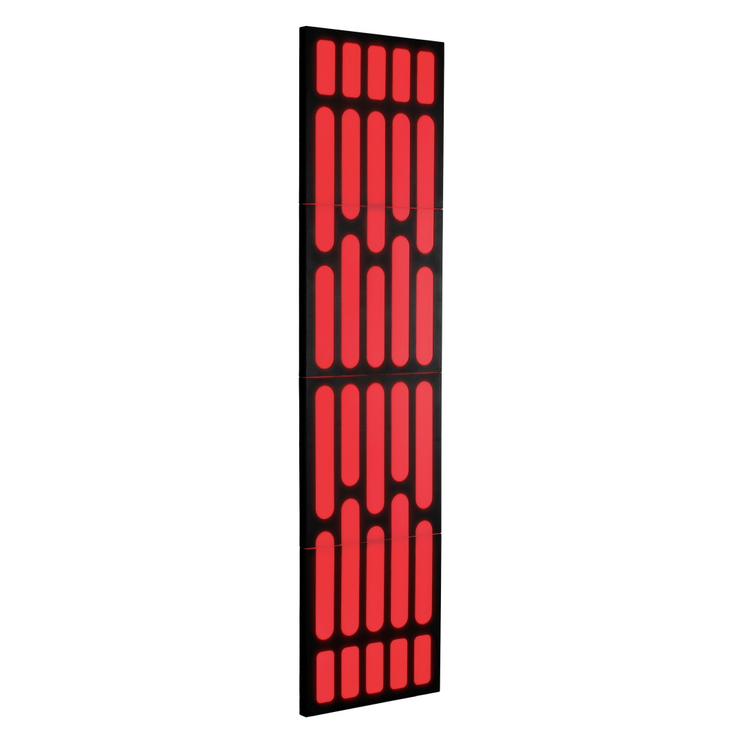 Czarny panel z czerwonymi pionowymi szczelinami, ułożony pionowo.