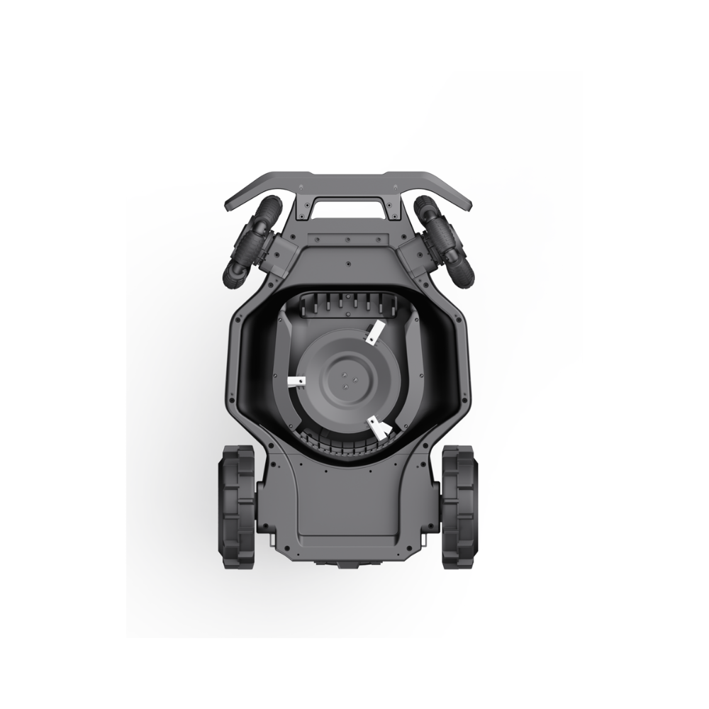 Top view of a dark gray robotic lawn mower with wheels and cutting deck.
