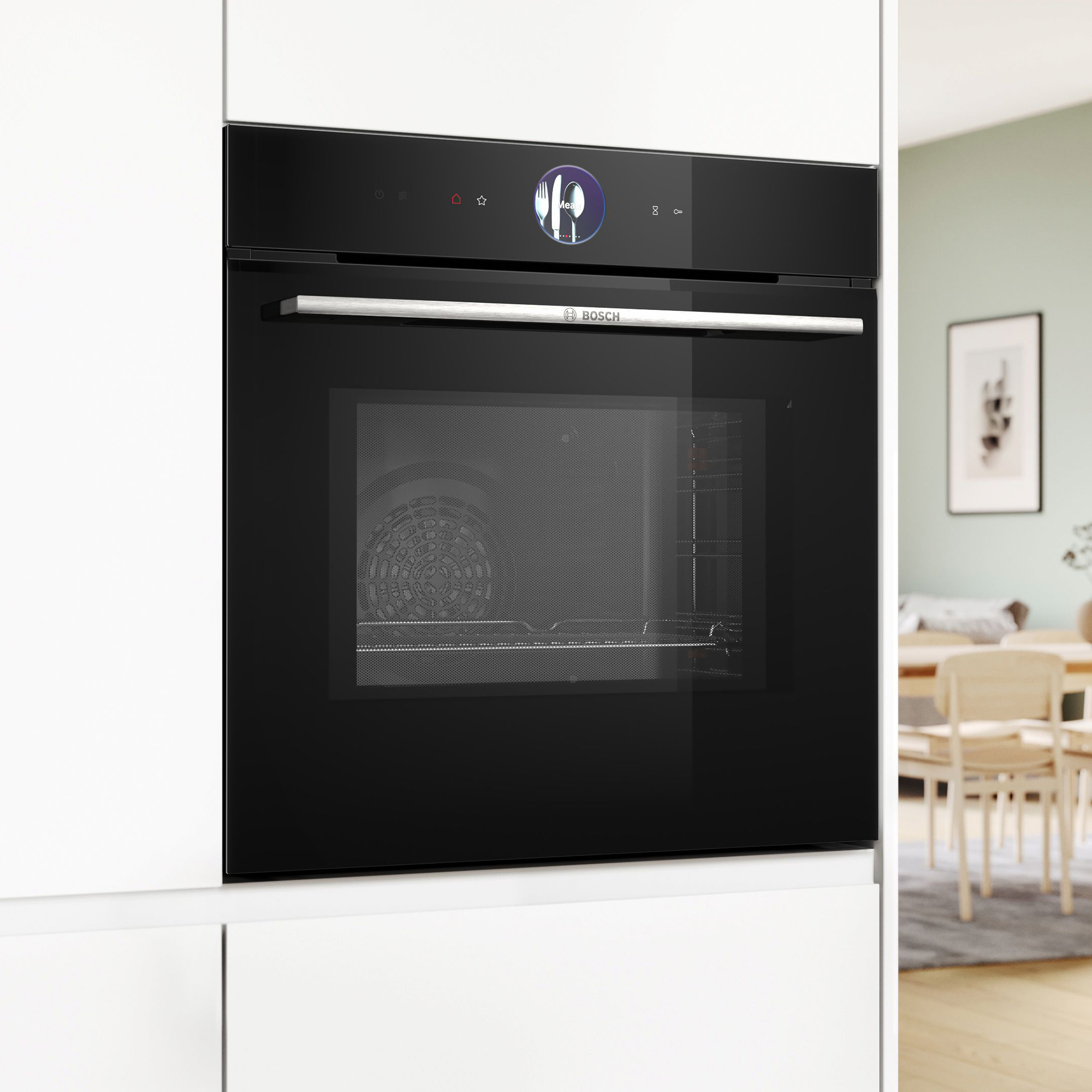 Ein moderner schwarzer Einbaubackofen mit Touchscreen und silbernem Griff.