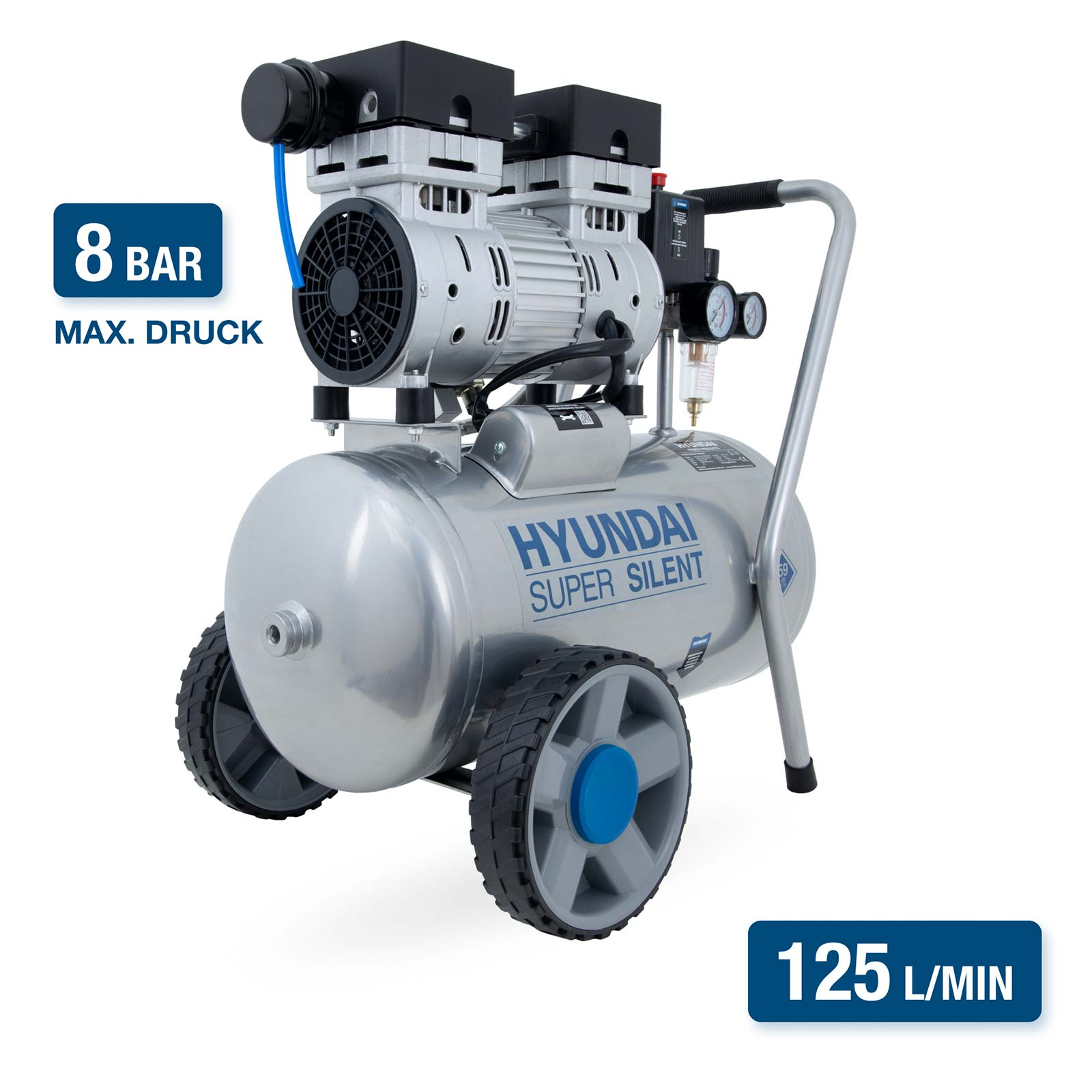 Ein silberner Hyundai Super Silent Kompressor mit zwei Zylindern und Rädern.