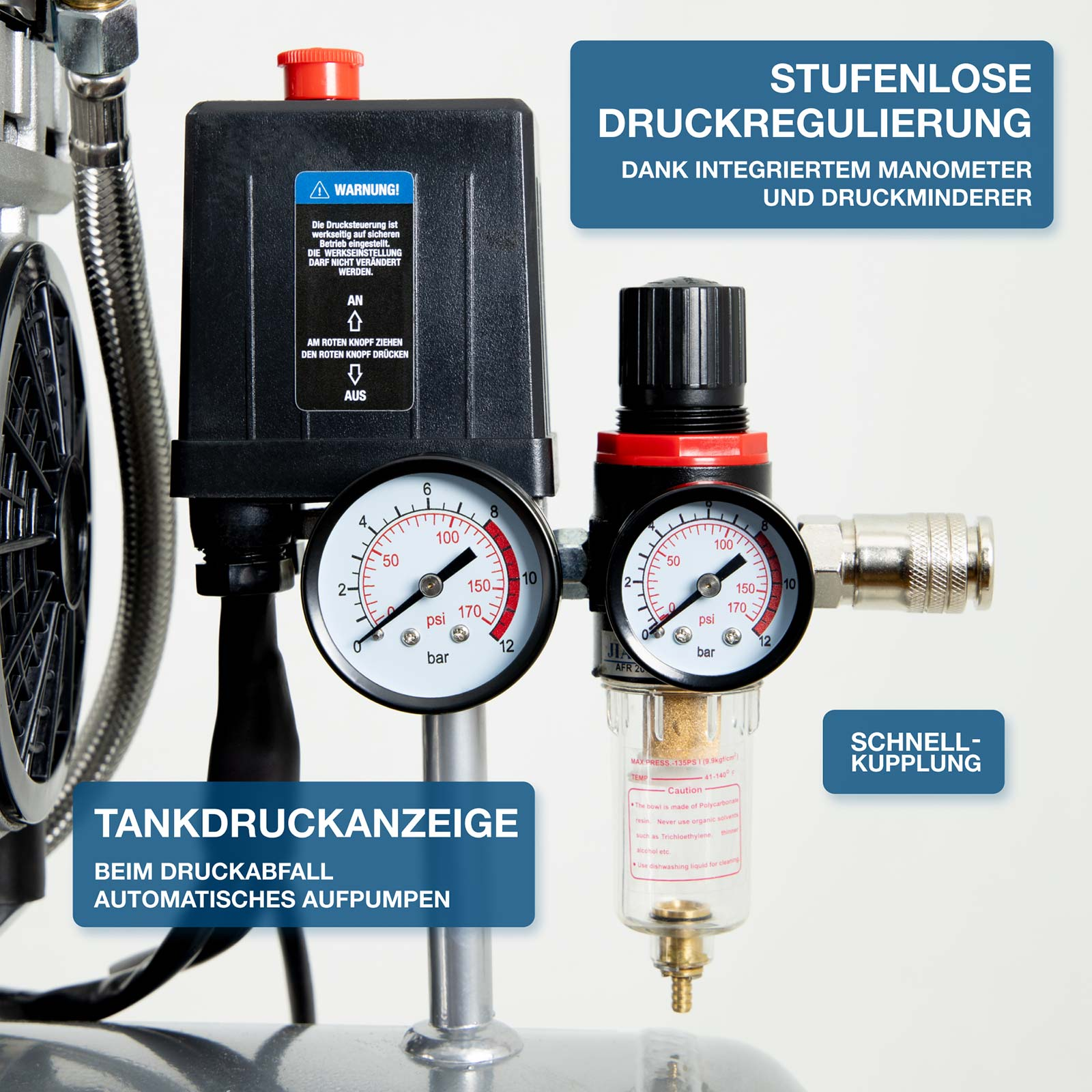 Ein Kompressor mit zwei Manometern, einem Druckregler, einem Filter und Warnhinweisen.