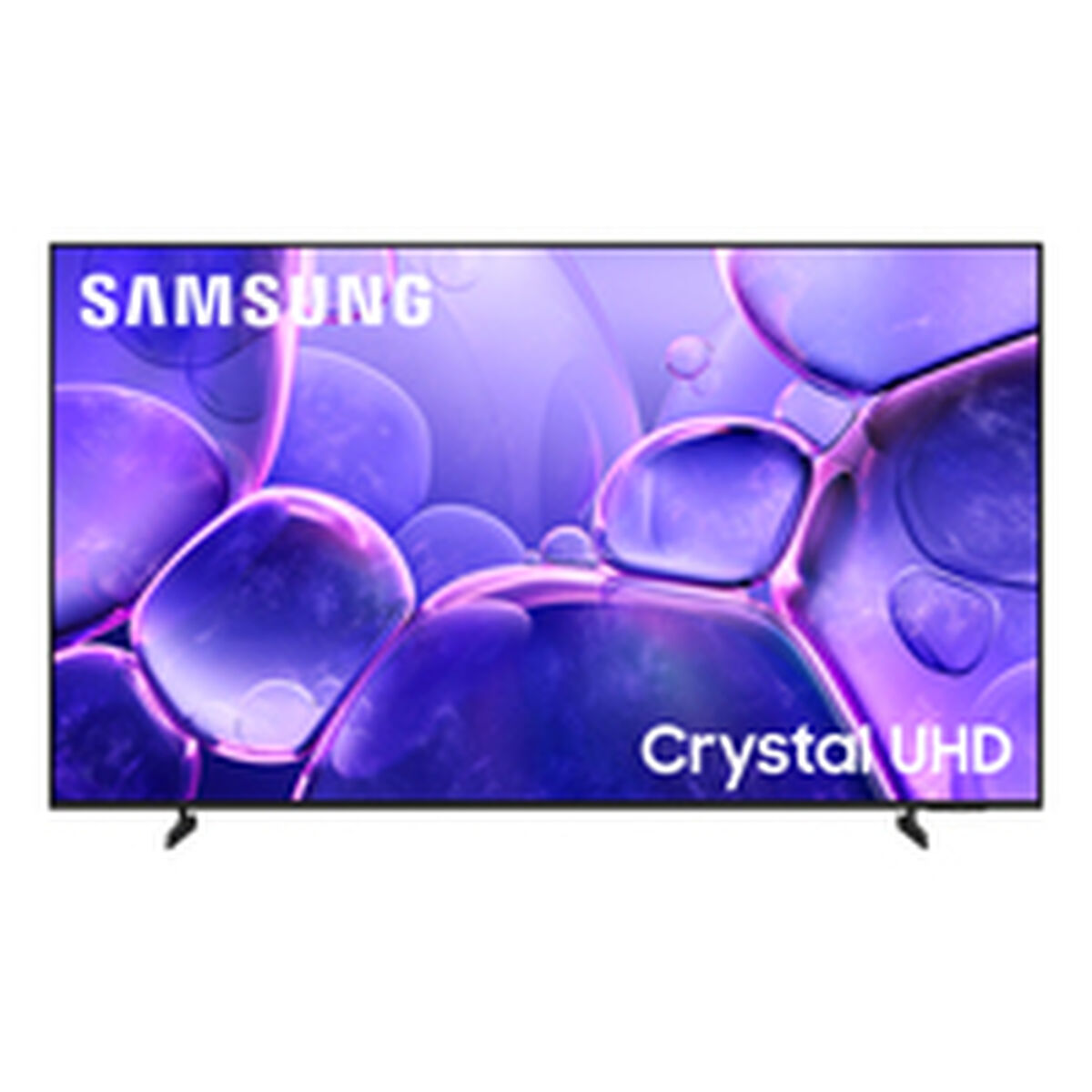 Un televisor Samsung Crystal UHD mostrando un salvapantallas de burbujas moradas.